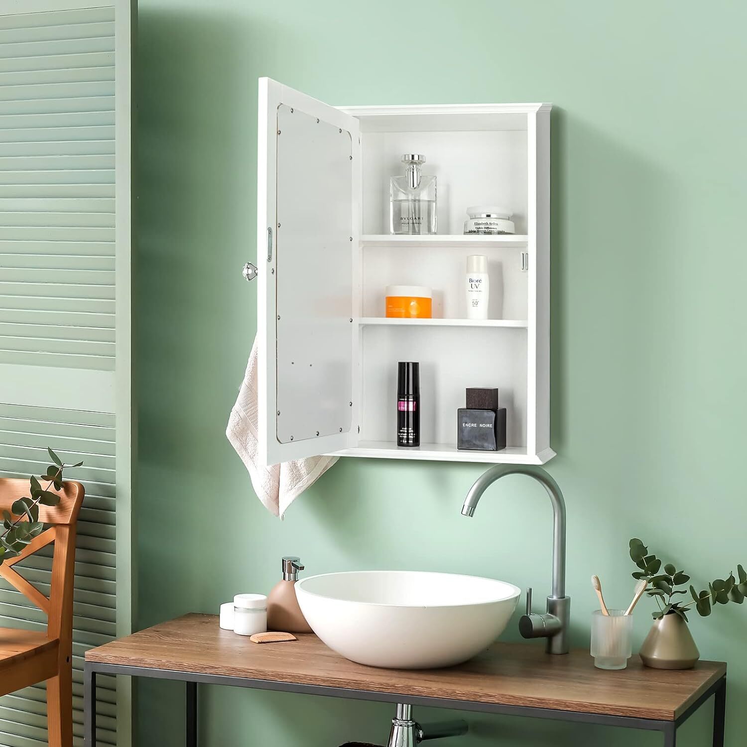 Wall Mount Cabinet Bathroom Storage Laundry Kitchen Organizer w/Mirrored Door
