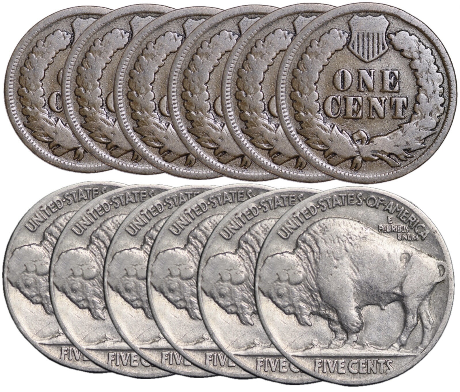 Lot of 12 Coins 6 Indian Head Cents & 6 Buffalo Nickels Nice Native American Lot