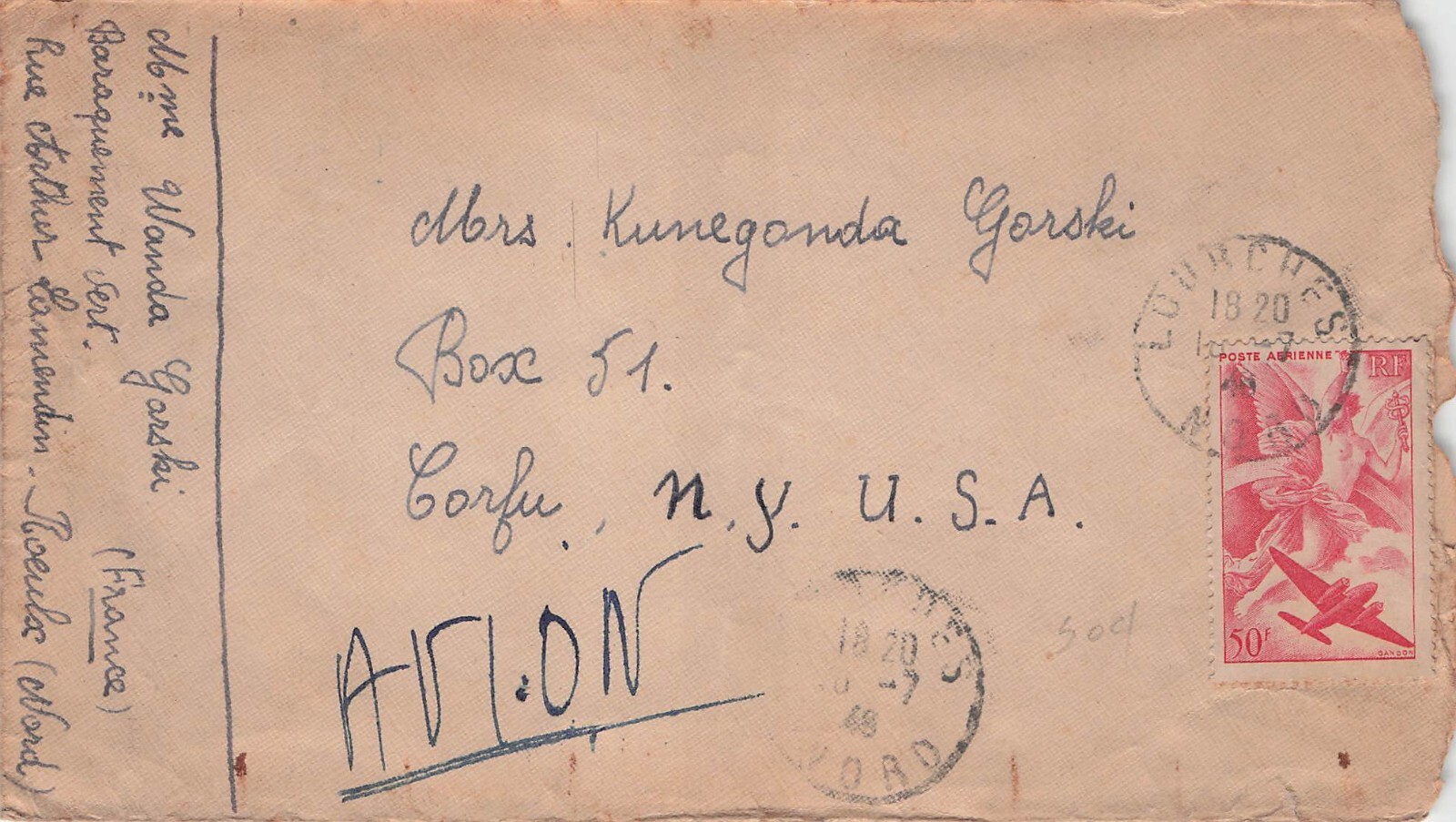 1948 France Airmail 50f Angel Plane Corfu NY Kunegunda Gorski USA Vtg Cover CV03