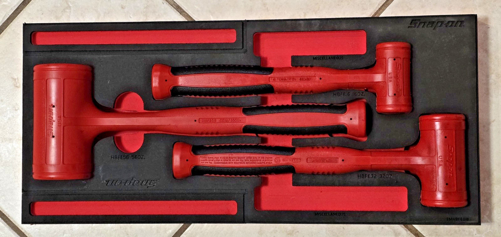 Snap-on Tools 3 piece RED Dead Blow Hammer Set Foam HBFE301F 16 32 56 oz