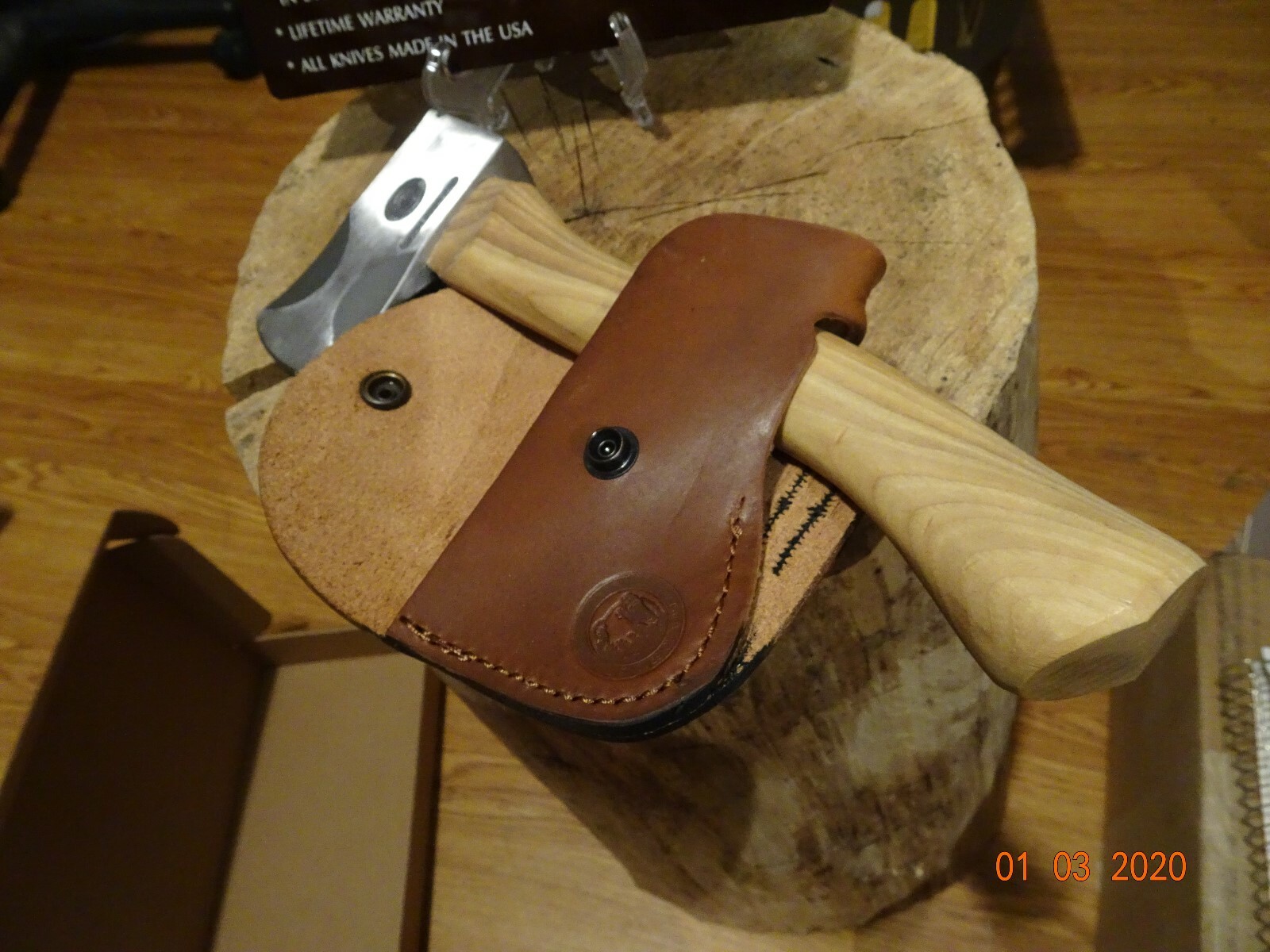 KNIVES OF ALASKA HUNTERS HATCHET WITH LEATHER BELT SHEATH MODEL 070FG A GREAT 1