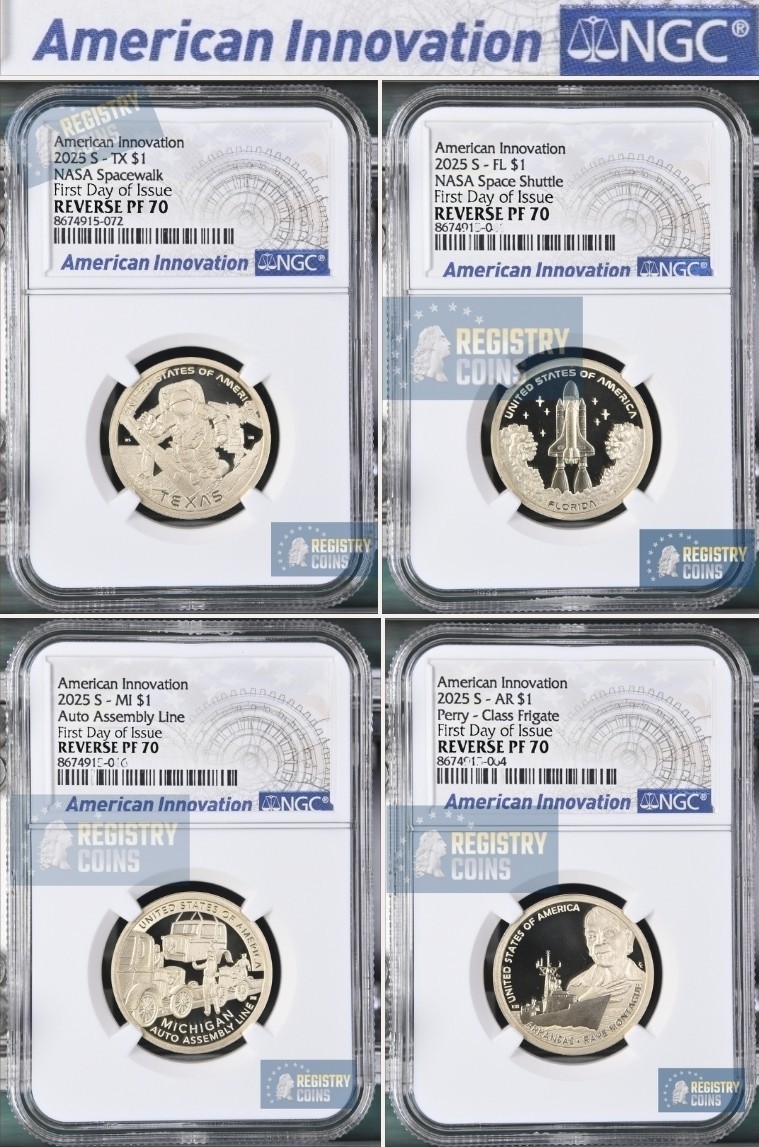 2025 S REVERSE PROOF AMERICAN INNOVATION TX FL AR MI NGC PF70 First Day Issue %