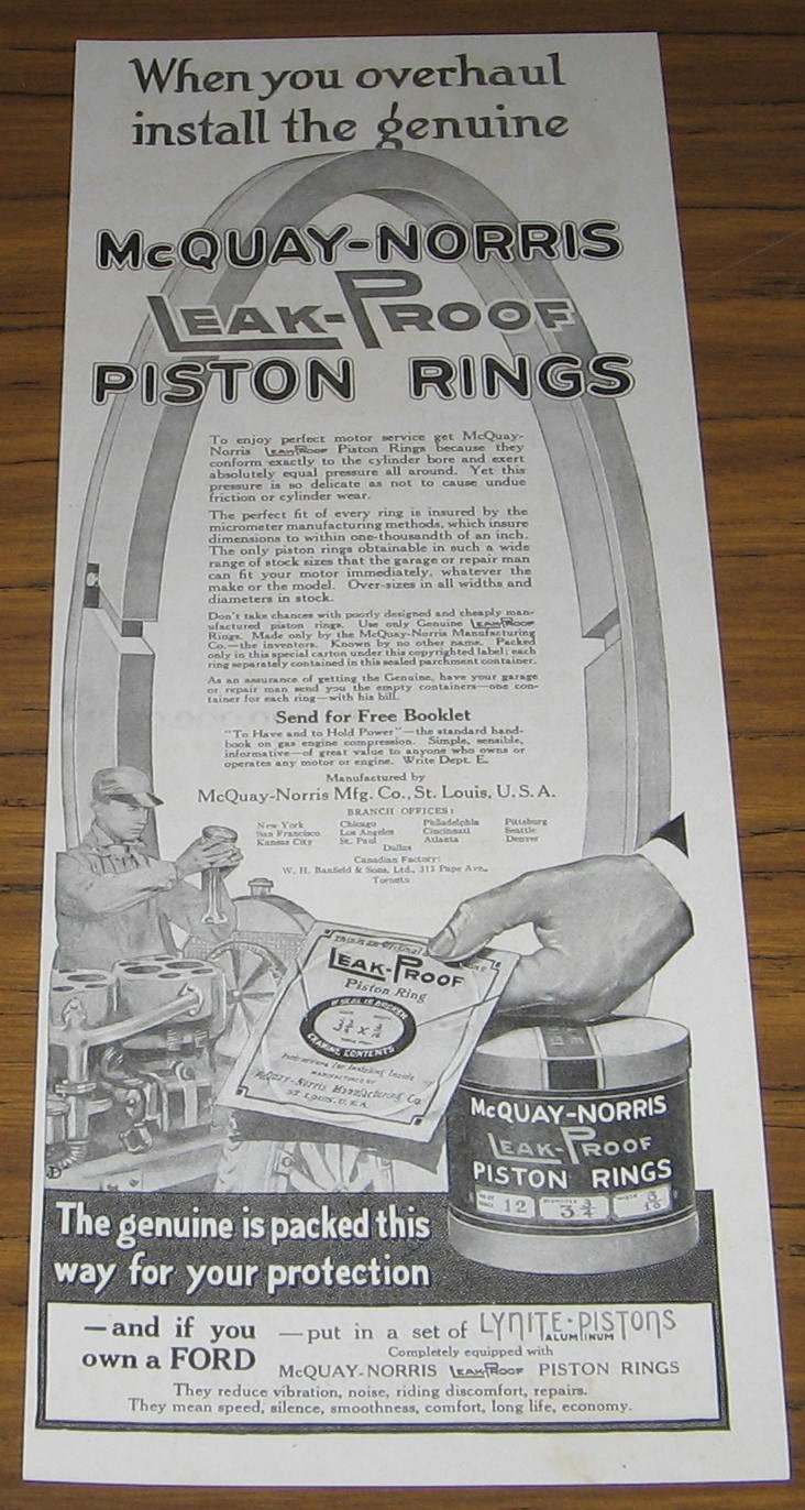 1917 Vintage Ad McQuay -Norris Leak Proof Piston Rings St Louis,MI Mechanic