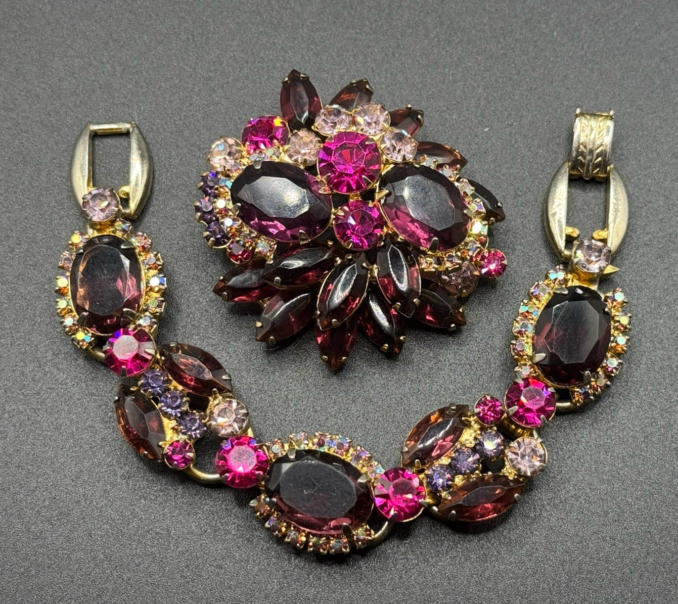Vtg Juliana Delizza Elster 5-Link Bracelet +Brooch Lavender Mauve Hot Pink As-is