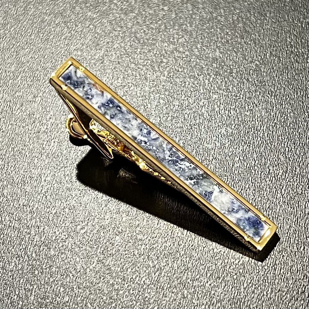 Gold Border Sodalite Stone Tie Clip Men Birthday Wedding Gift Tie Bar