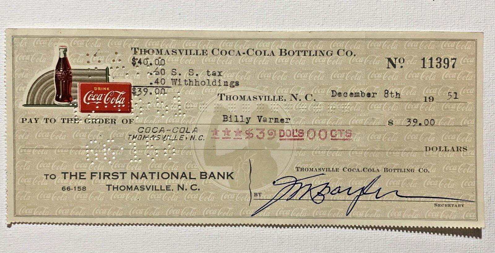 1951 Coca-Cola Bottling CO Coke Canceled Check Thomasville, N.C. National Bank.