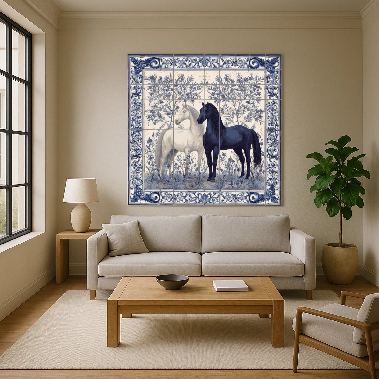 Equestrian Ceramic Tile Mural – Black & White Horses, Blue Floral Wall Art