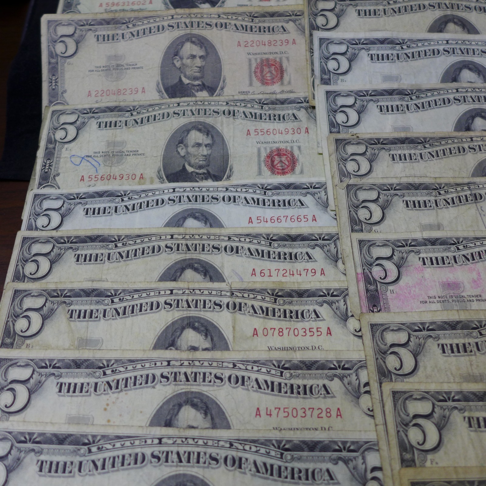 Lot of (50) 1963 Red Seal FIVE Dollar $5 Bills CIRCULATED BILLS - Culls