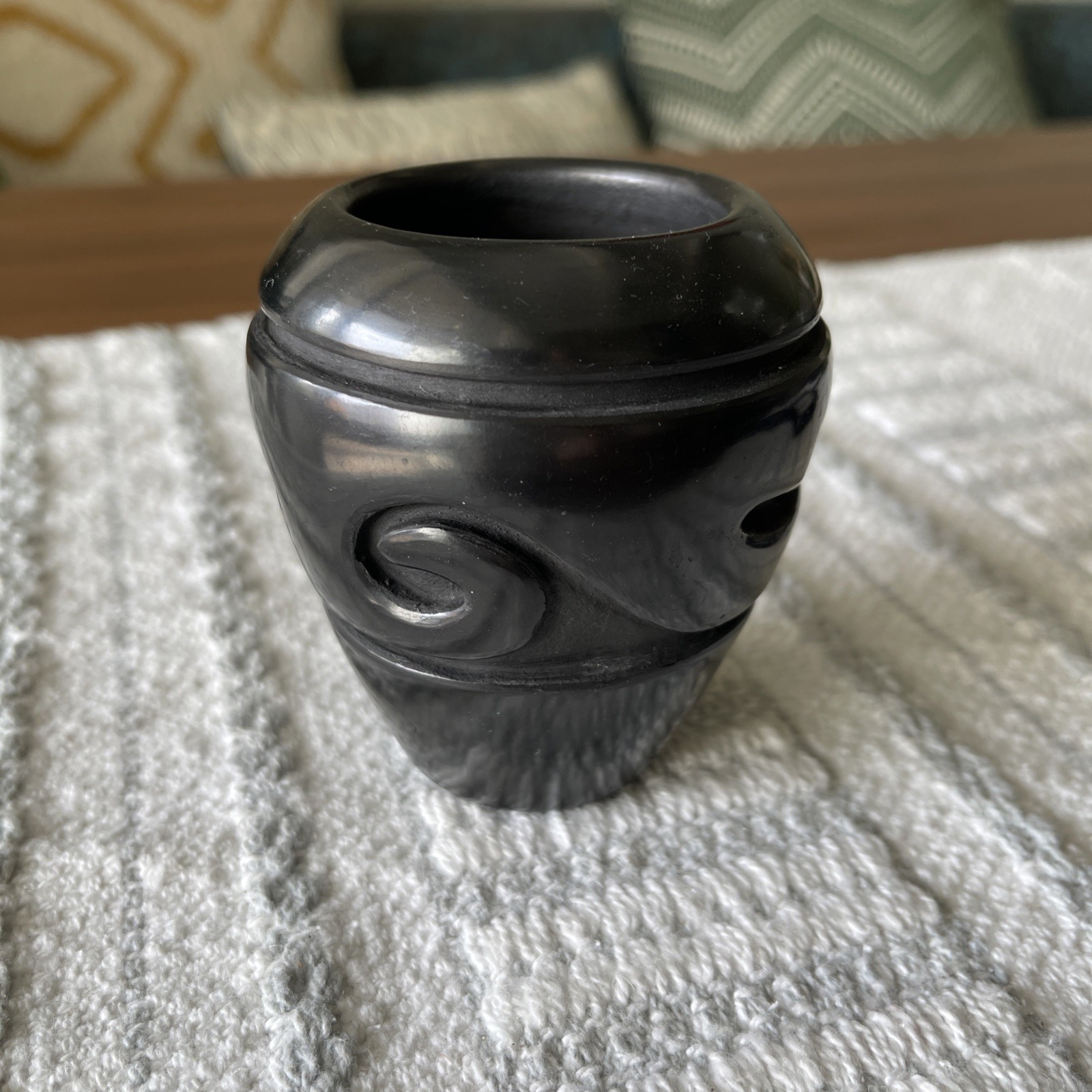 Santa Clara Pueblo Blackware Pottery 3 1/4 Vase Signed Stella Chavaria