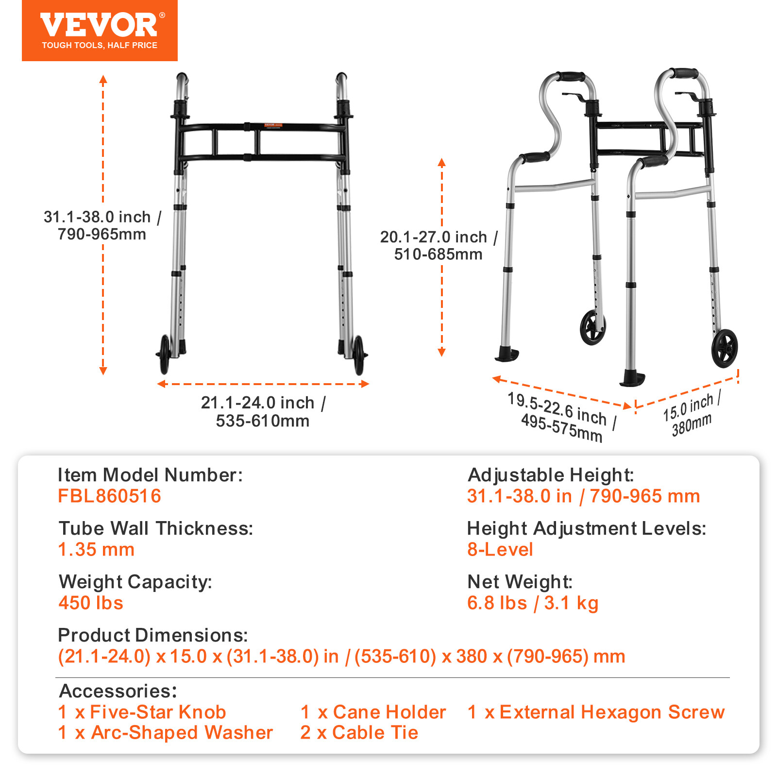 VEVOR Folding Walker Stand-Assist Folding Walkers with Adjustable Height & Width