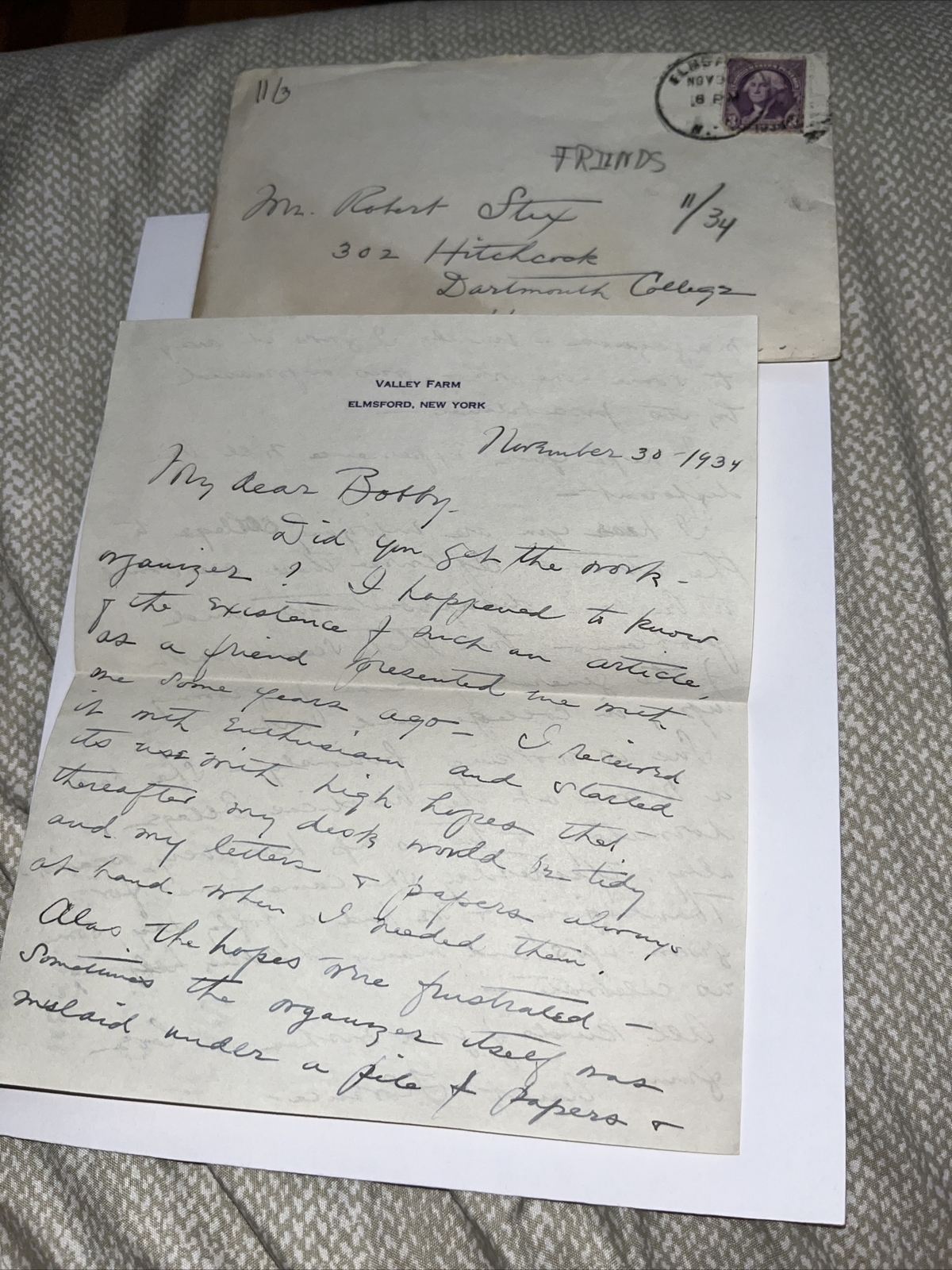 1934 Correspondence On Valley Farm (Elmsford NY) Letterhead to Dartmouth College