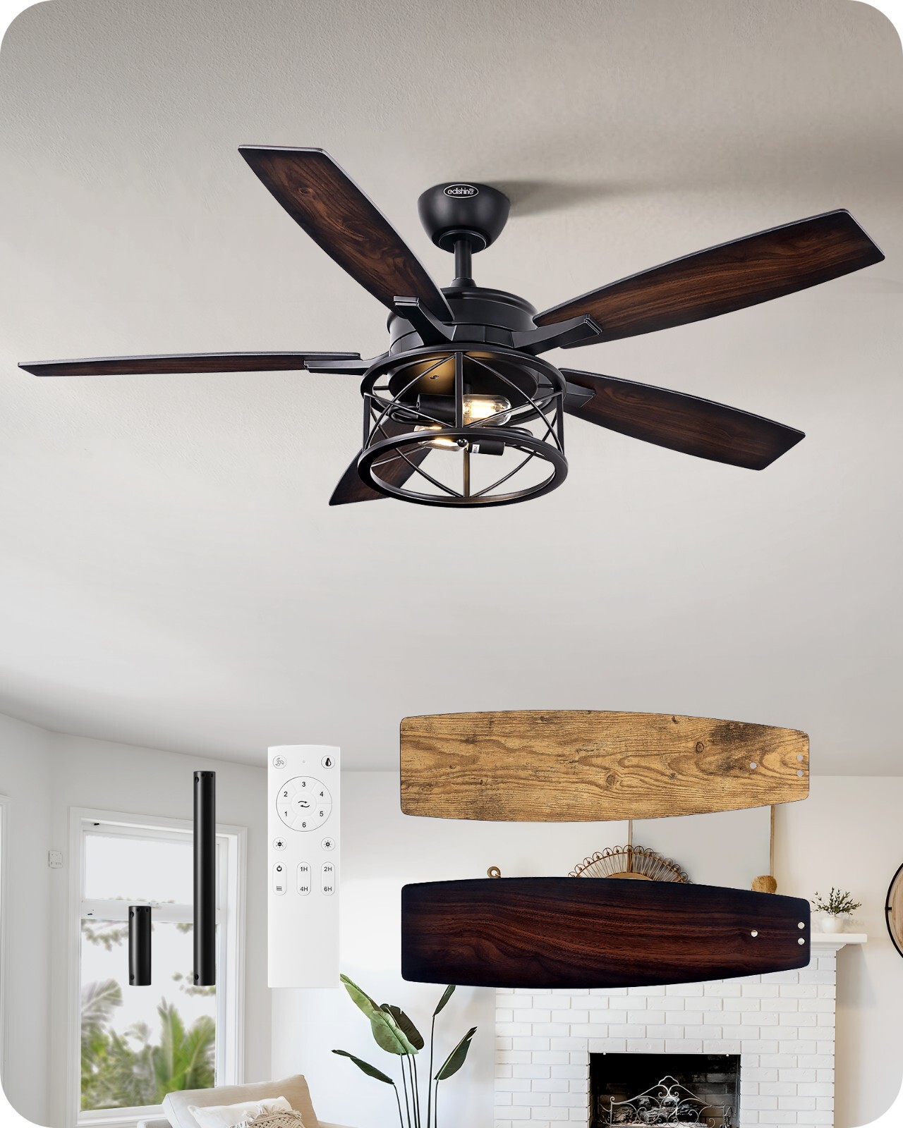 EDISHINE 52 Inch Farmhouse Ceiling Fans With Lights Rustic Ceiling Fan Remote