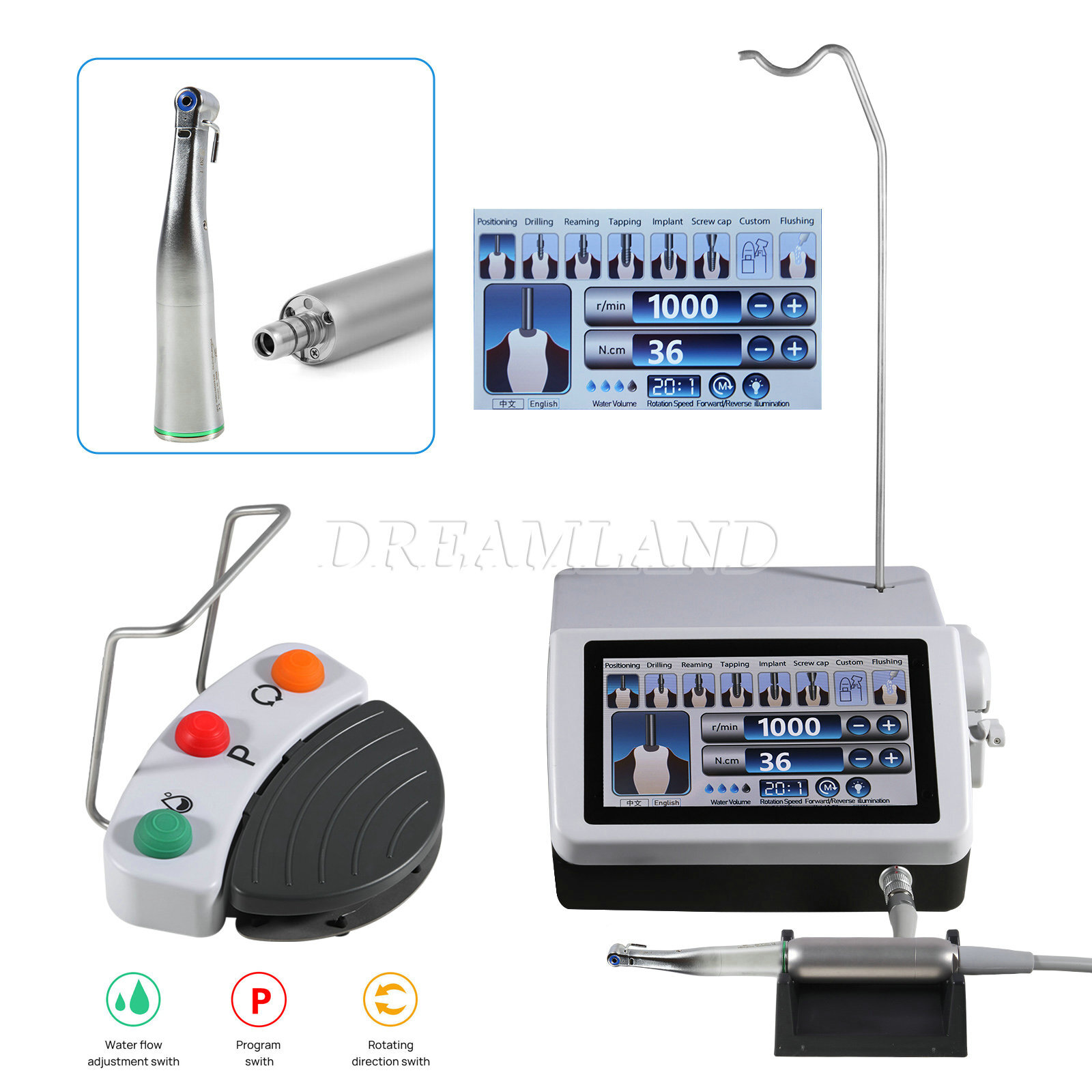 Dental Surgical Implant Motor Touch Screen w/ LED Fiber Optic 20:1 Contra Angle