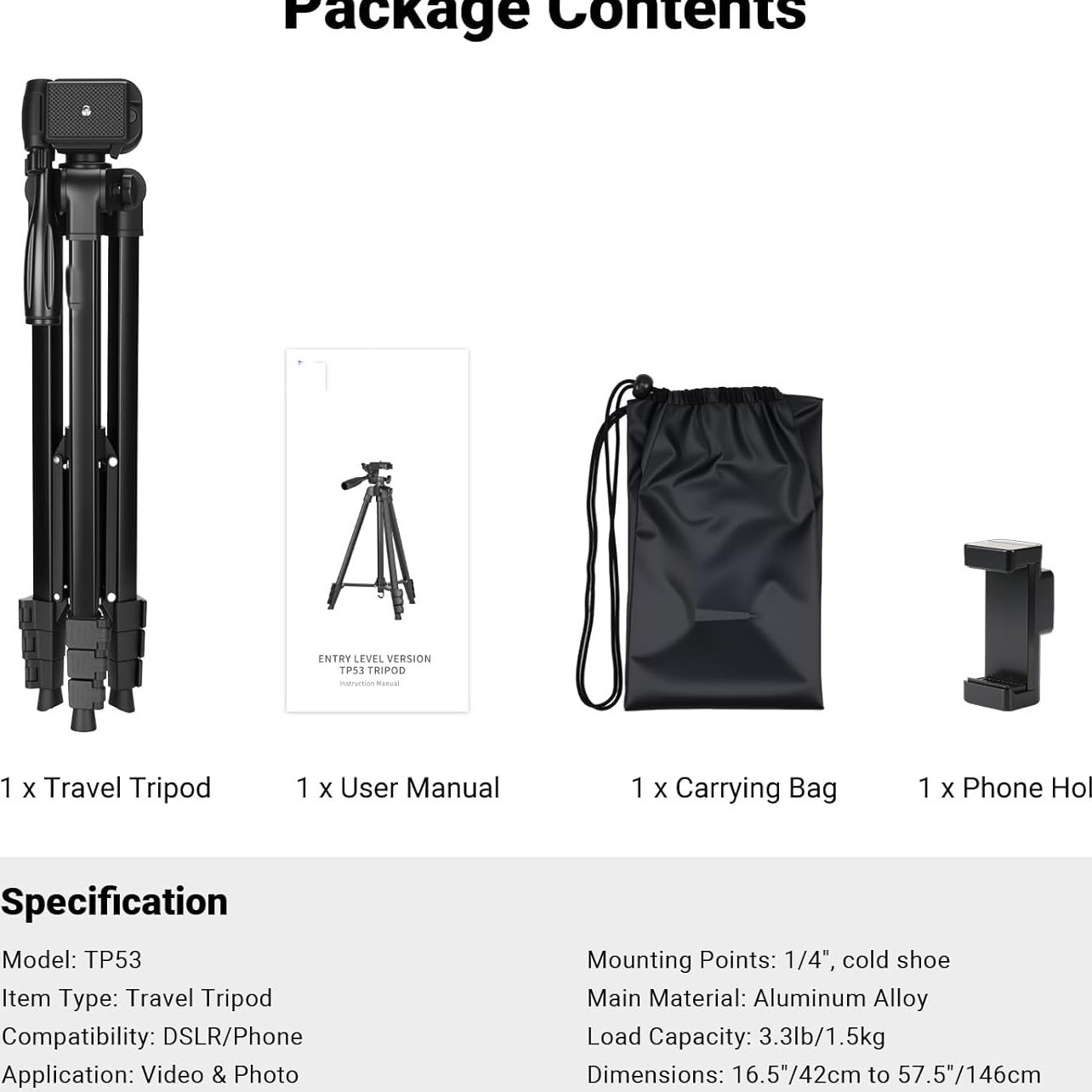 55" Portable Heavy-Duty Tripod for Phone & Camera w/ Cold Shoe Aluminum alloy