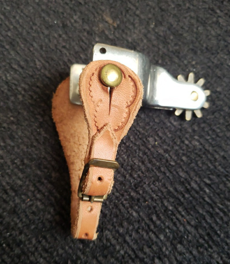 Single Small Kids Western Cowboy Spur Chrome and Brass Tooled Leather