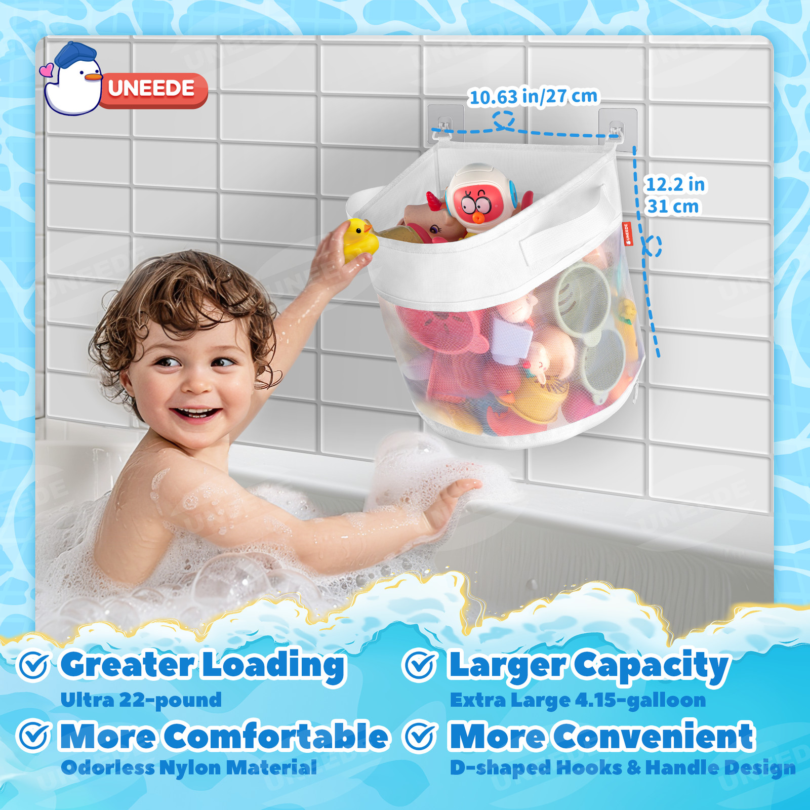 UNEEDE Baby Bath Toy Organizer Bath Toy Mesh Shower Holder for Tub Bathroom