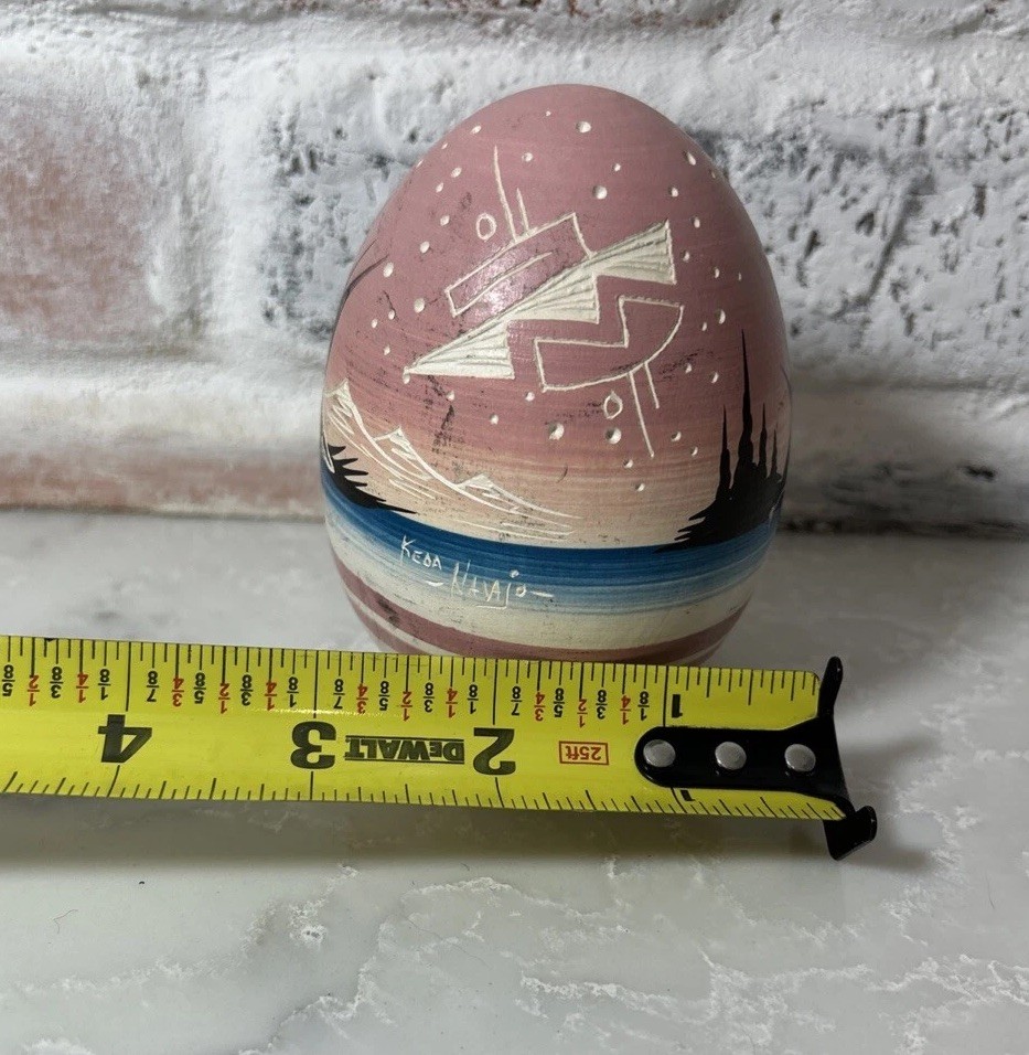 VTG Navajo Keda Dineh Native American Pottery Egg Hand Painted Carved Signed