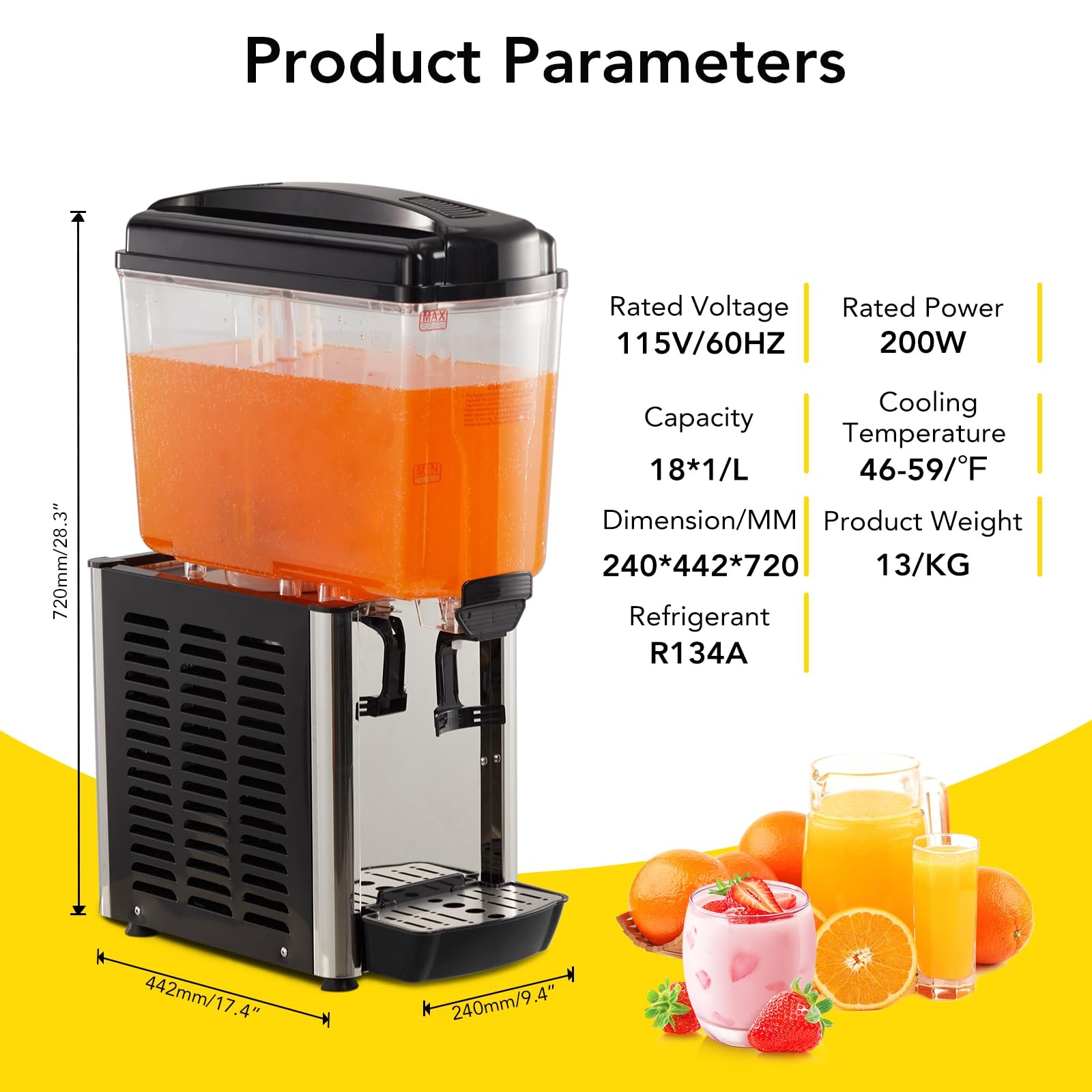 Commercial Beverage Dispenser, Single Tanks 18 L / 4.8 Gallon Per Tank Juice