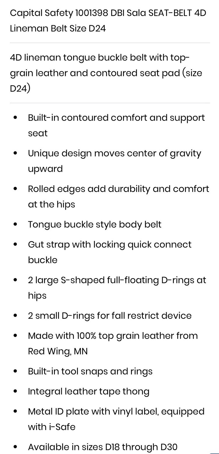 DBI-Sala Lineman Tongue Buckle Climbing Belt With Contoured Seat Pad (Size D24)