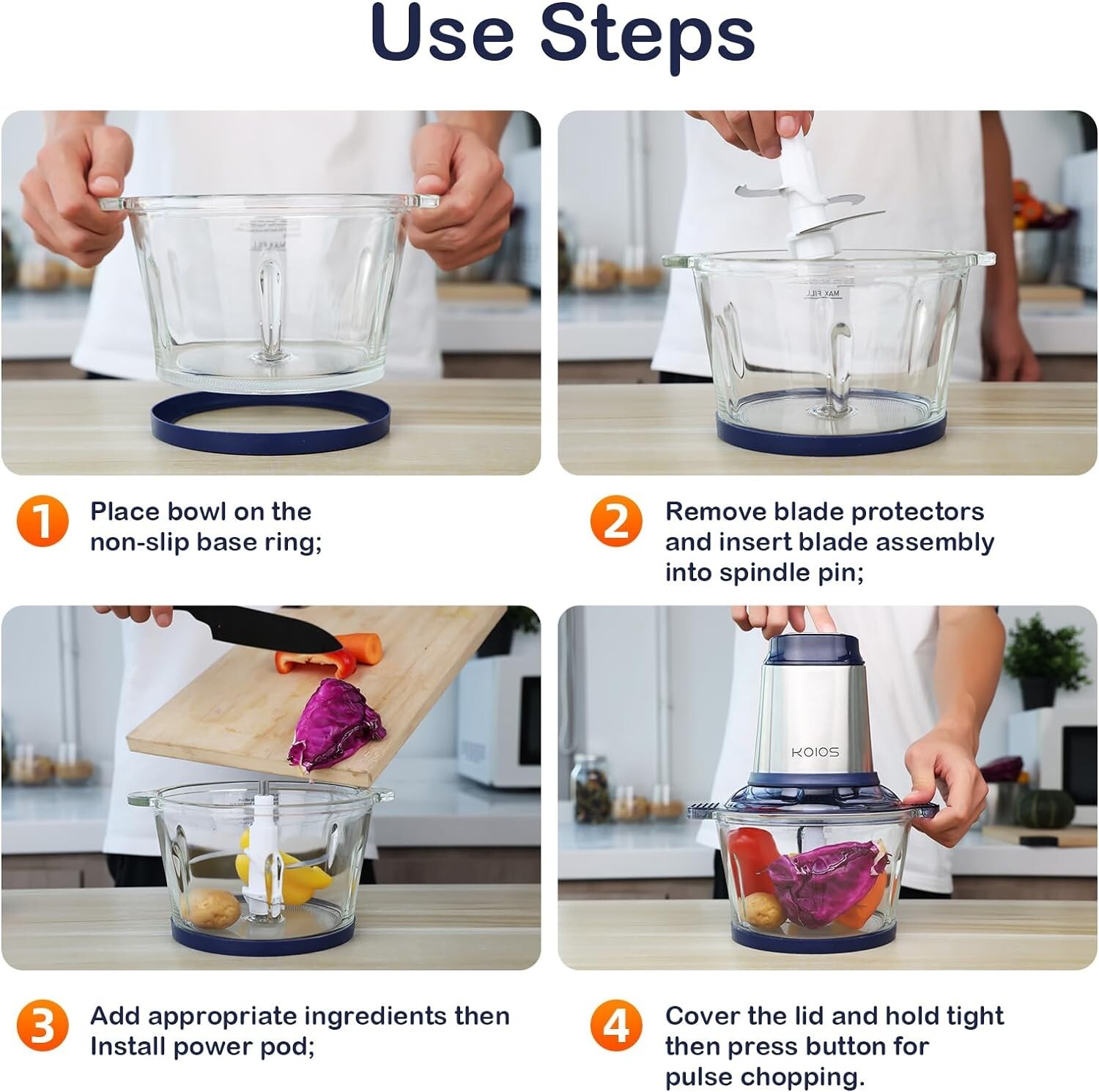 KOIOS 500W Powerful Electric Food Processor Kitchen Food Chopper Blender 8 Cups