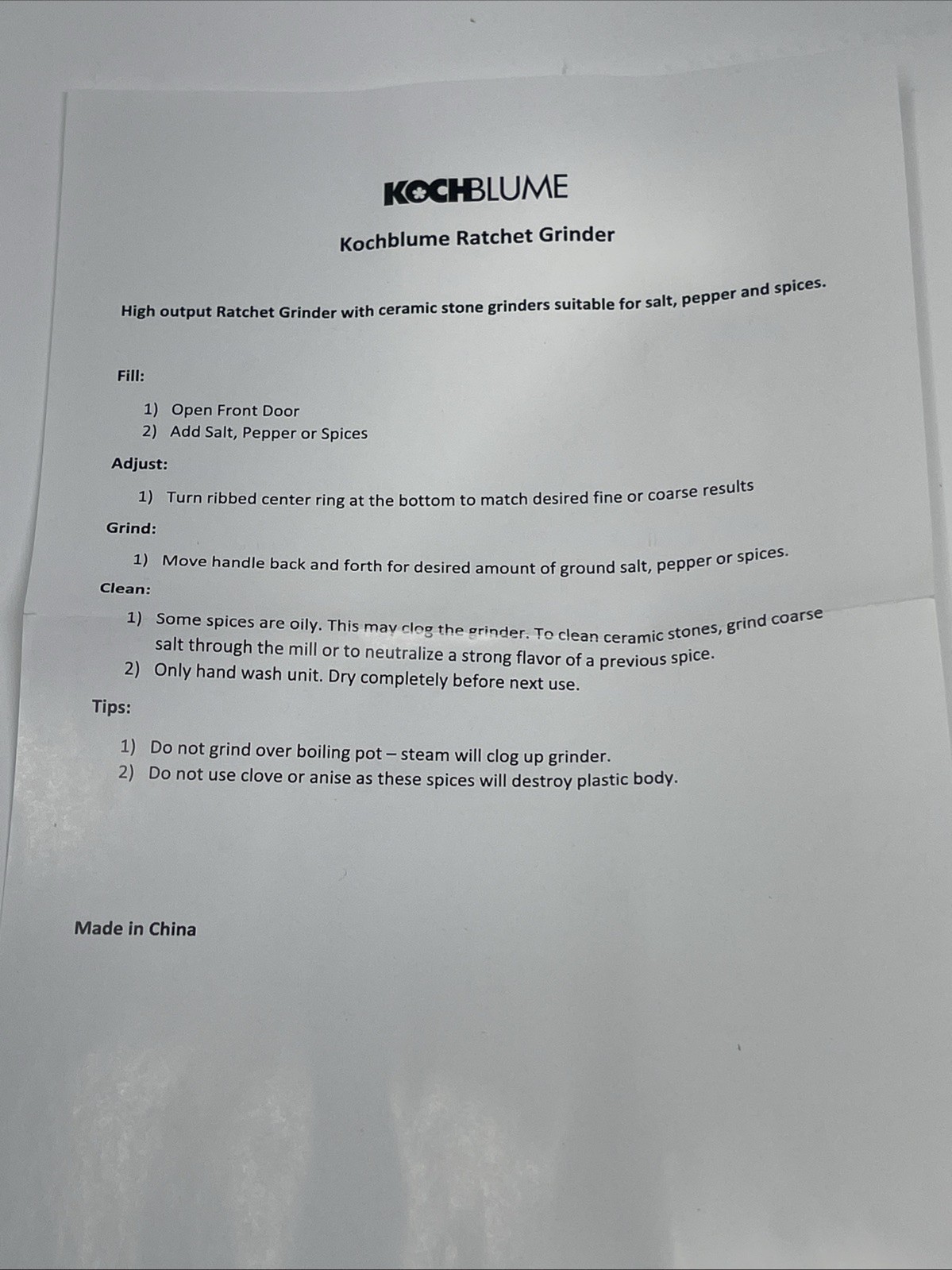 Kochblume Salt/Pepper/Spice Ratchet Grinders Adjustable, White, Set Of 2