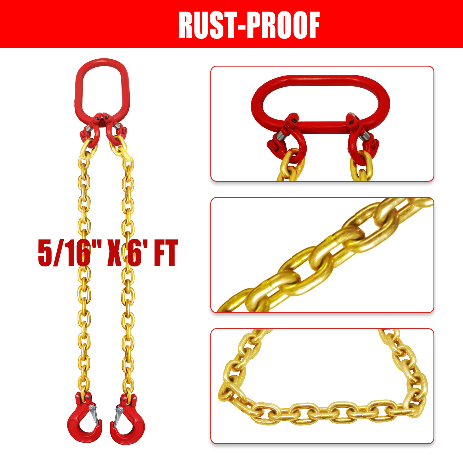 One 5/16"x6' G80 Chain Lifting Sling w/2 Legs 3T/6600lbs Capacity w/ Grab HooK