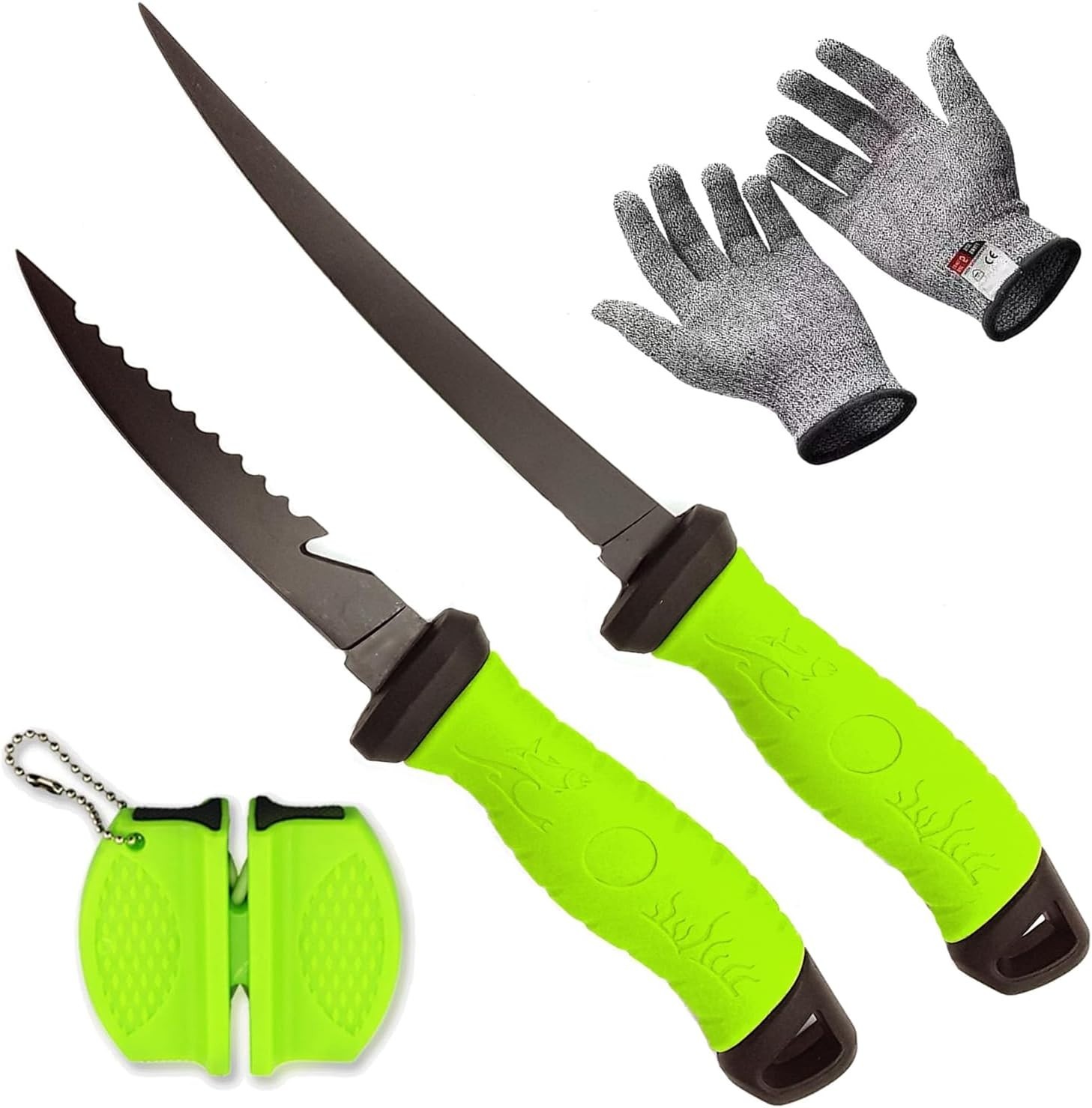 Fish Fillet Knife Set w/ Stainless Steel Bone Knife Sheath, Sharpener & Gloves