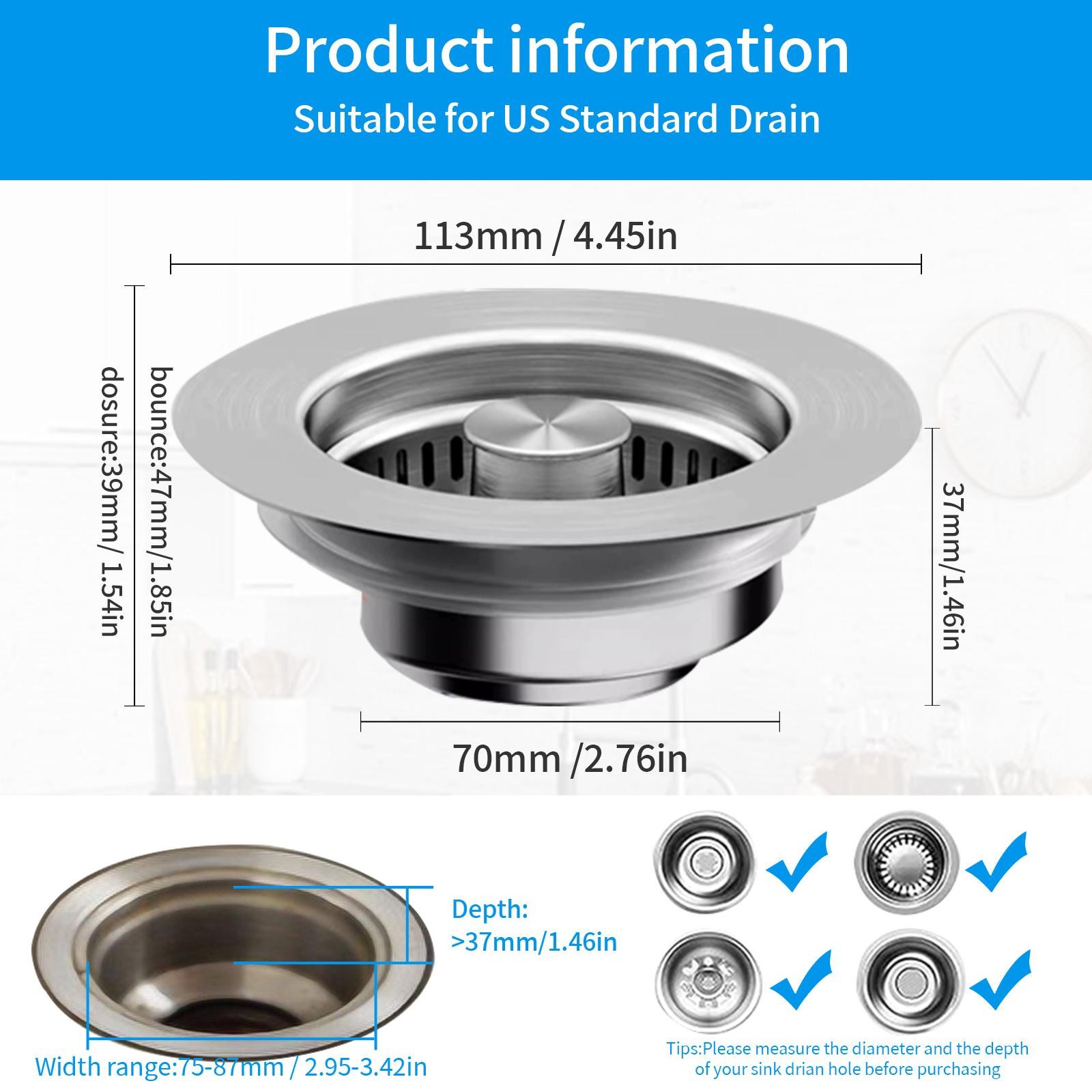 Stainless Steel 3 in 1 Kitchen Sink Drain Strainer trainer Stopper Drain Basket