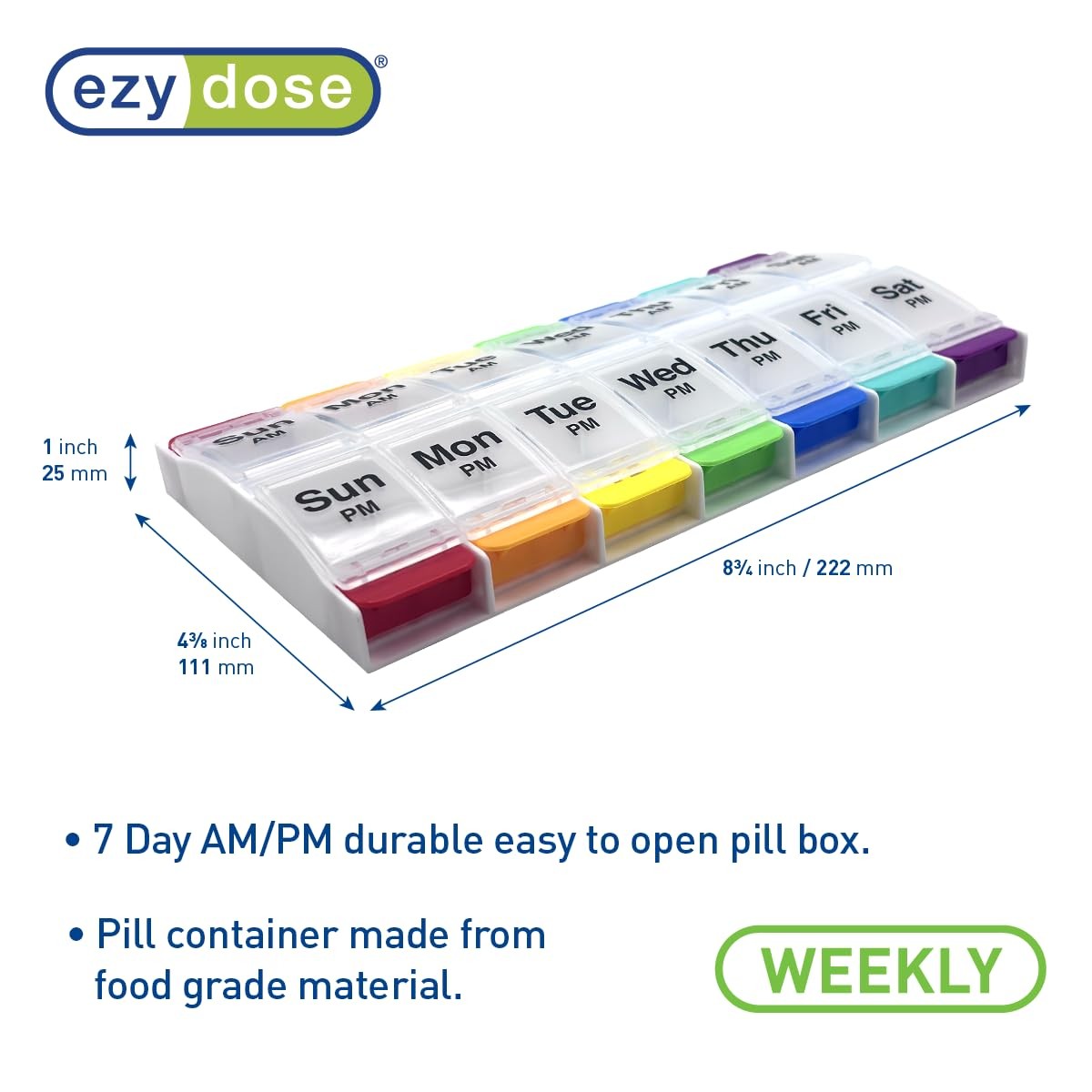 EZY DOSE Push Button (7-Day) Pill Case, Medicine Planner, Vitamin Organizer, 2 T