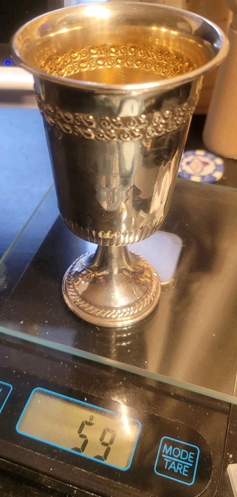 Antique Sterling Silver 925 Kiddish Gold Wash Cup With Etchings. Jewish Charming