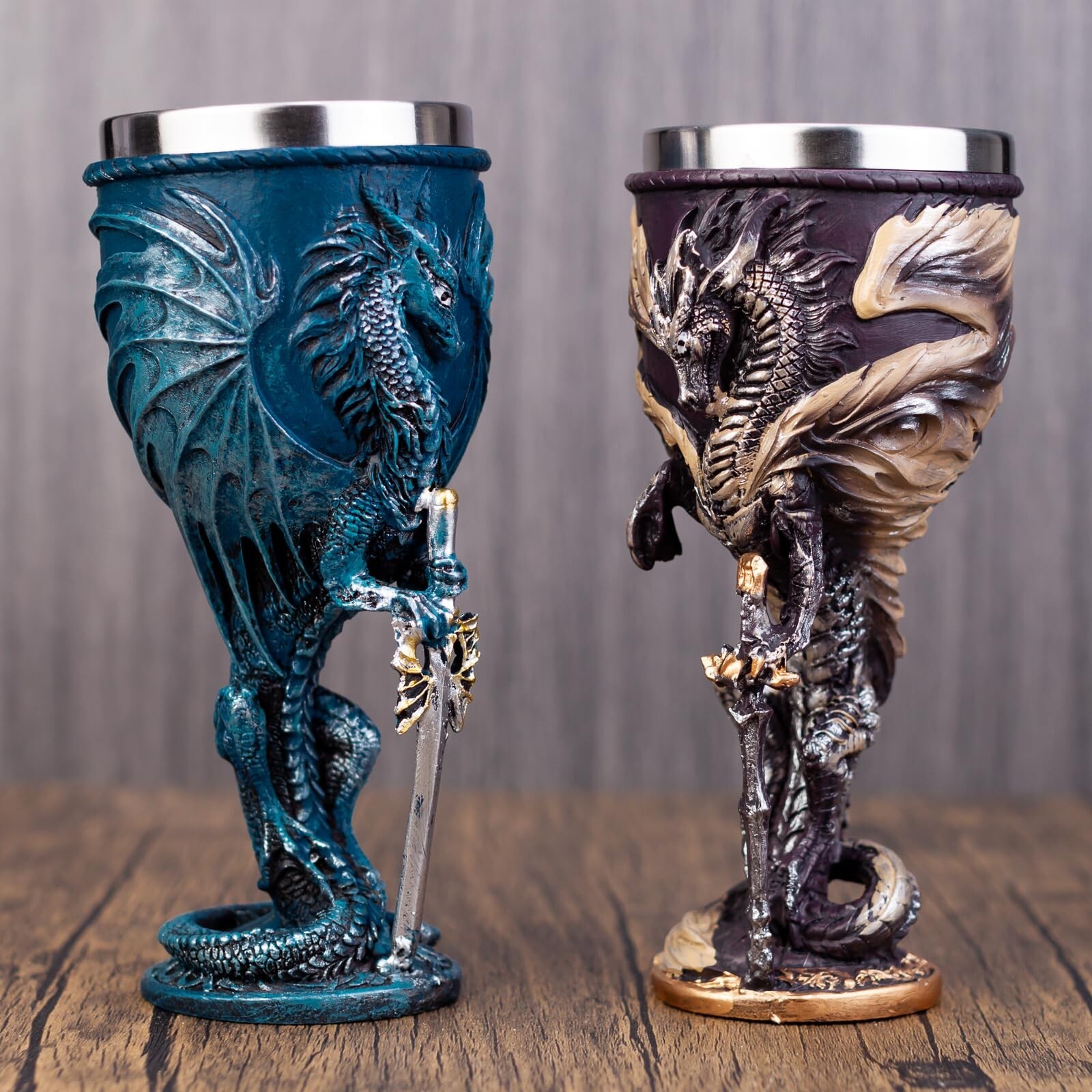 Medieval Flame Dragon Holding Sword Goblet Resin Wine Cup with Stainless Stee...