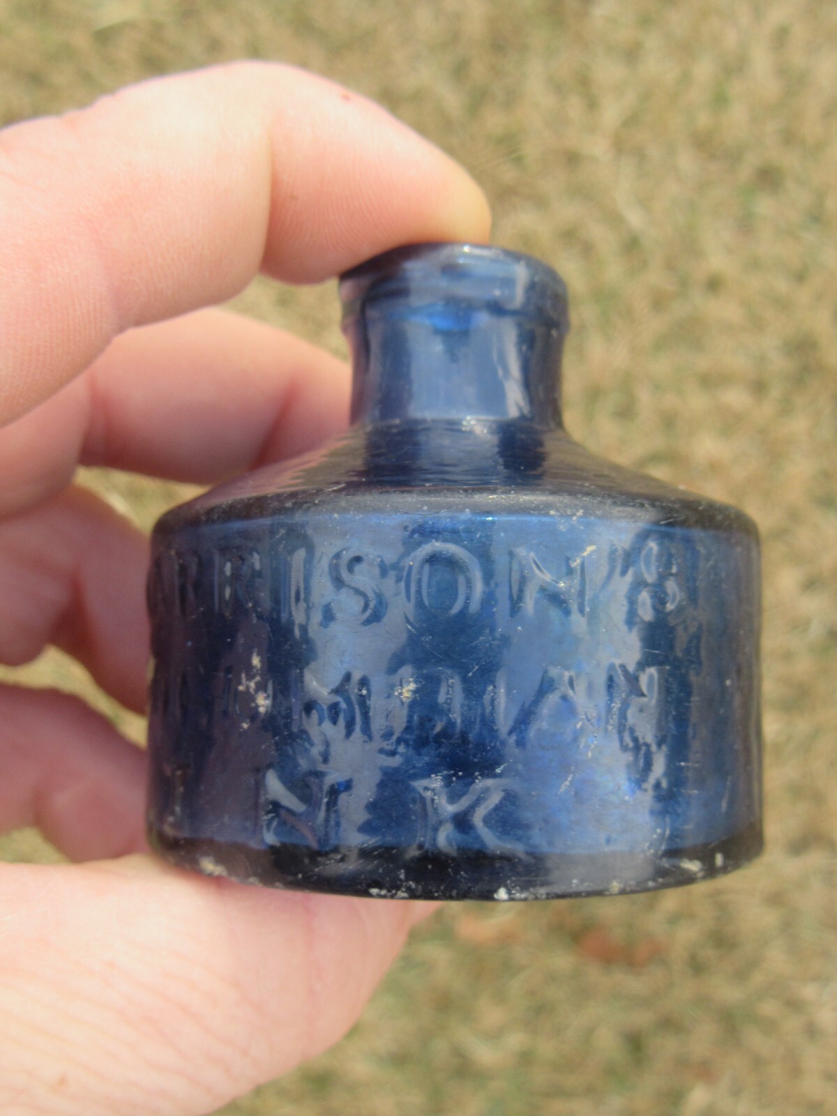 RARE Antique 1850's Harrison's Columbian Ink Cobalt Inkwell Bottle, Pontil