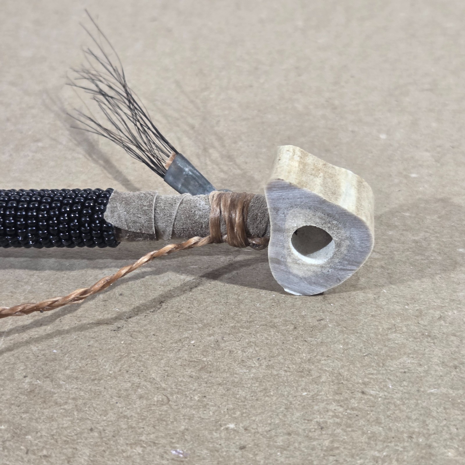 Authentic Navajo Peace Pipe 6" Handcrafted Black Beads leather wood stag