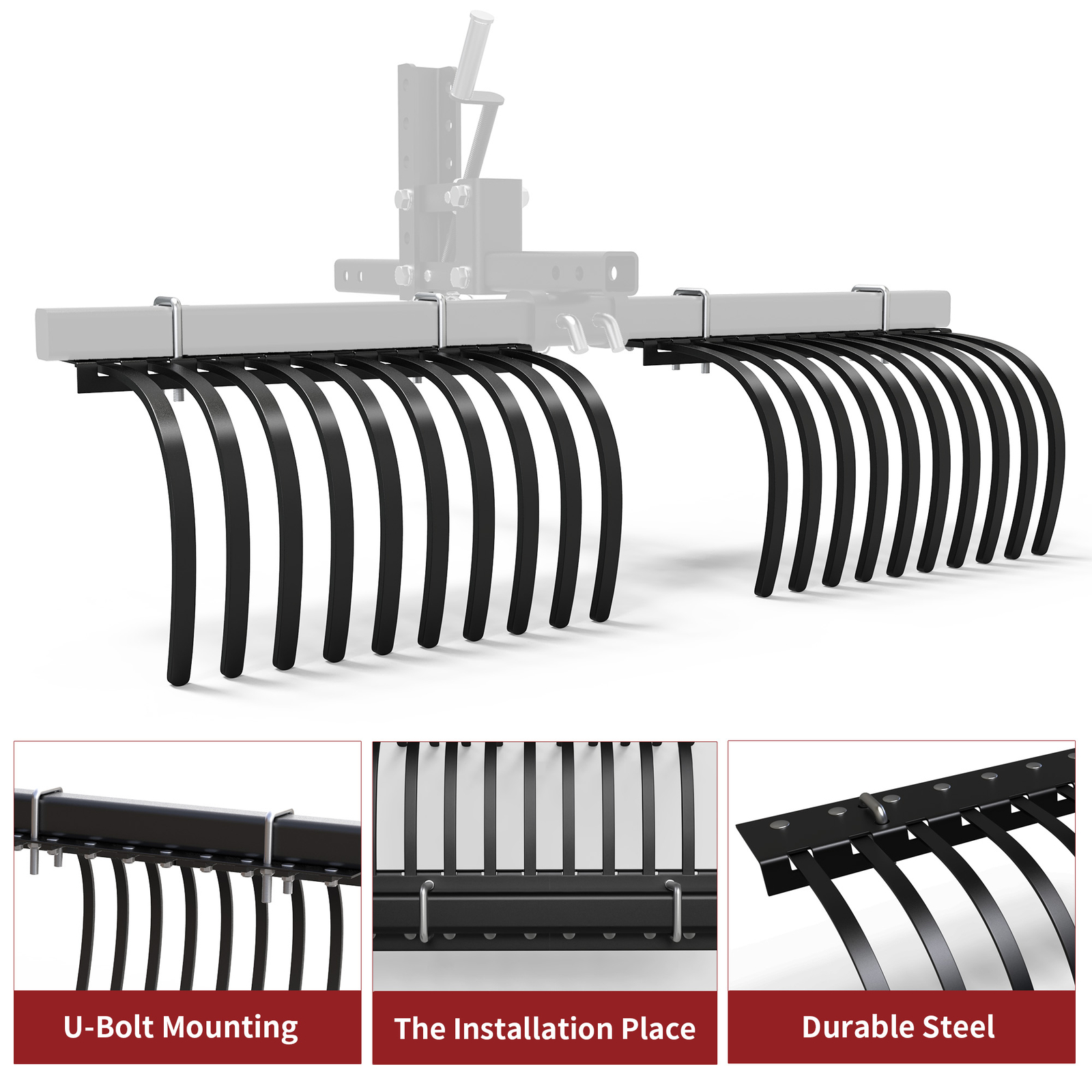 ATV/UTV Landscape Rake Implement W/1-Point Lift System Tractor Removal Rock Lawn