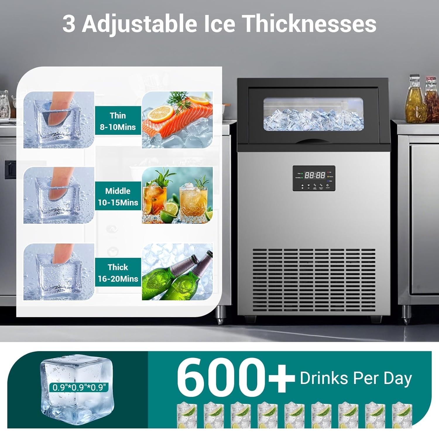 200lbs/24H Commercial Ice Maker Under Counter Freestanding Full ice Cube Machine