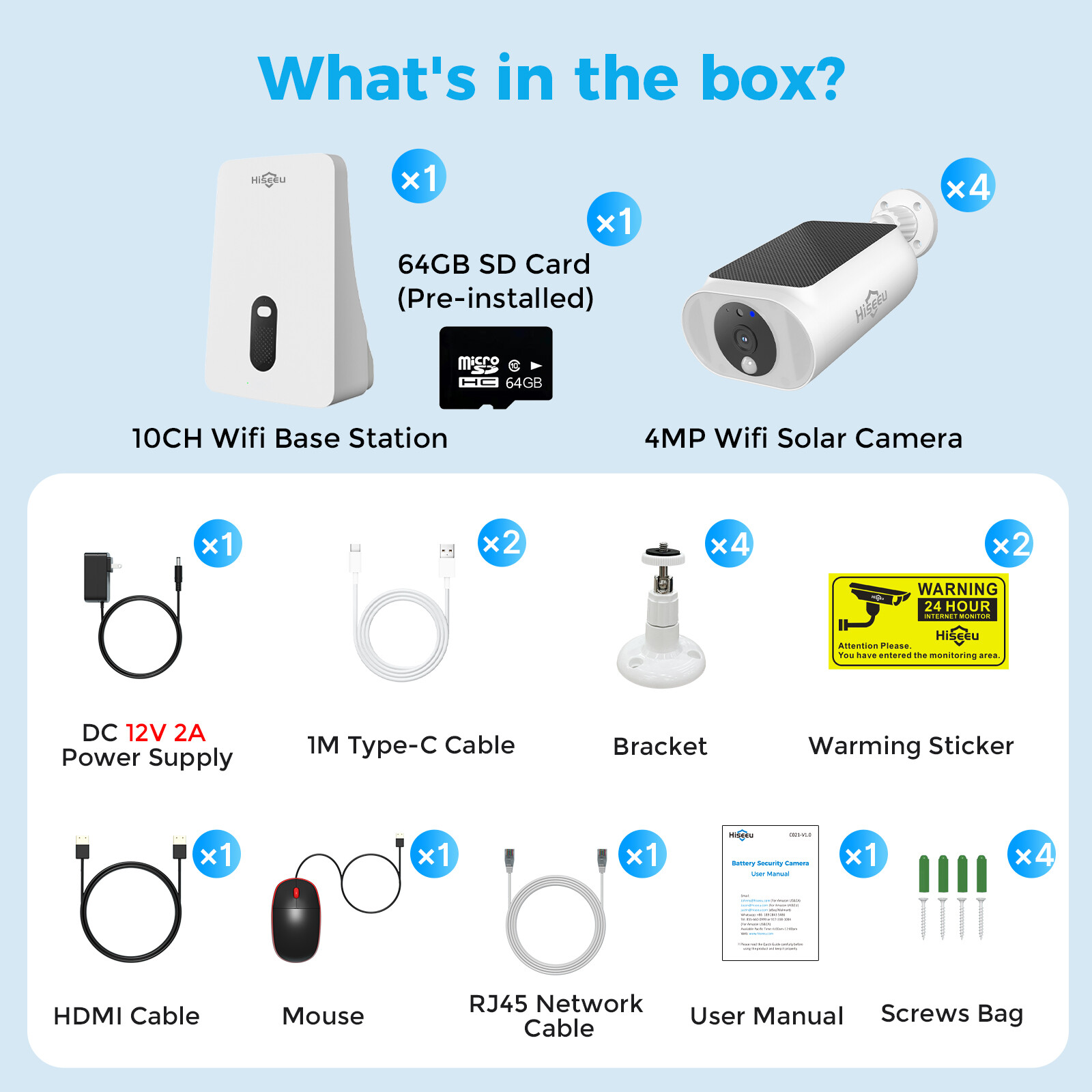 Hiseeu 4MP 10CH Wireless WIFI Solar Battery Powered Security Camera System Audio