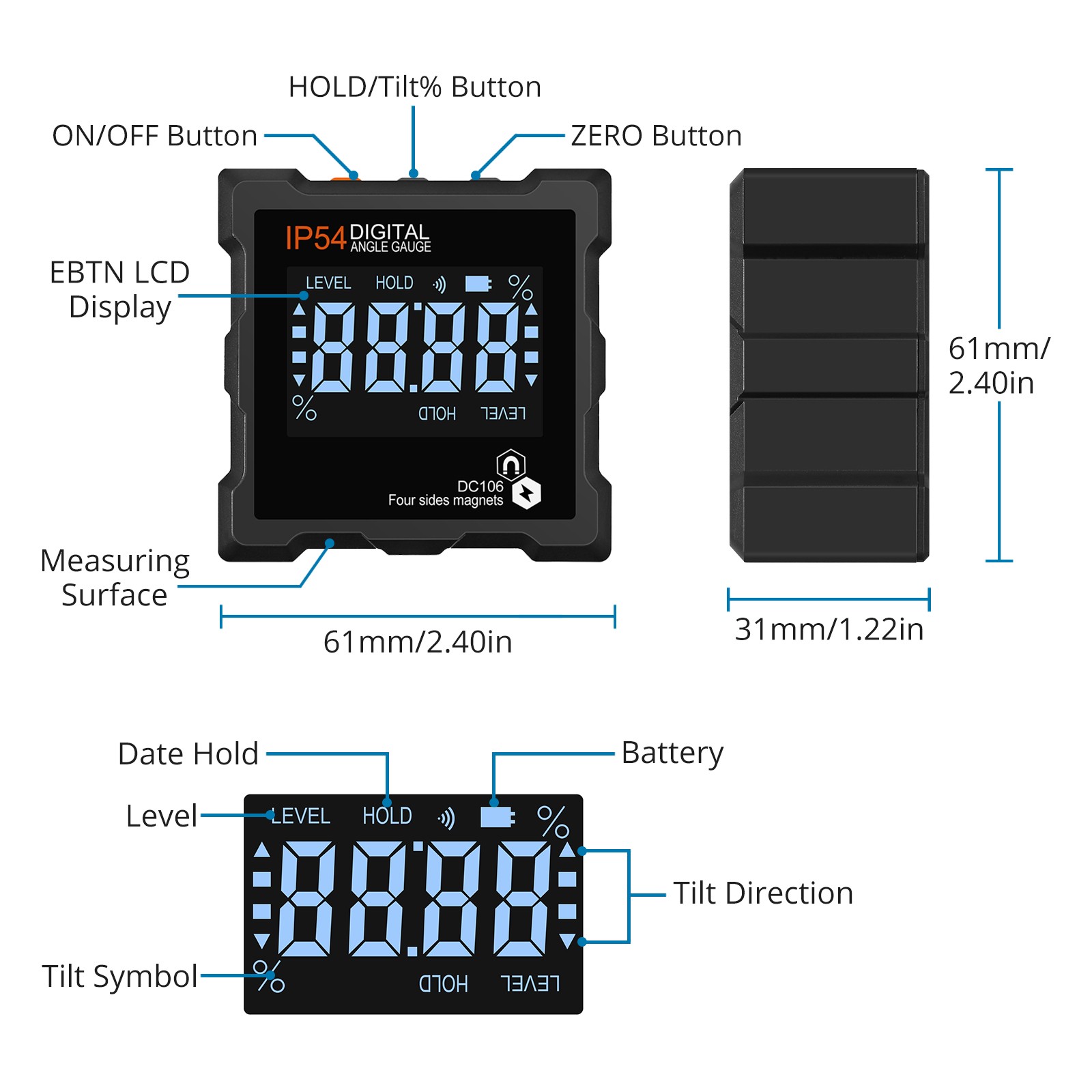 Magnetic Digital Protractor Gauge Level Box Angle Finder Inclinometer Meter LCD