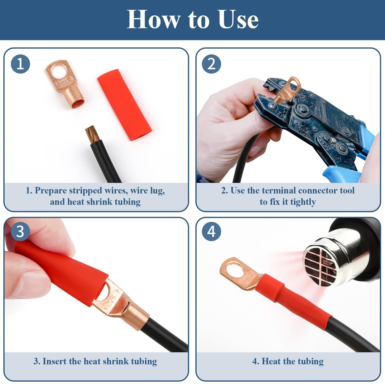 Copper Wire Lugs 130Pcs, AWG 2 4 6 8 10 12 Gauge Battery Cable Ends with 66Pc...