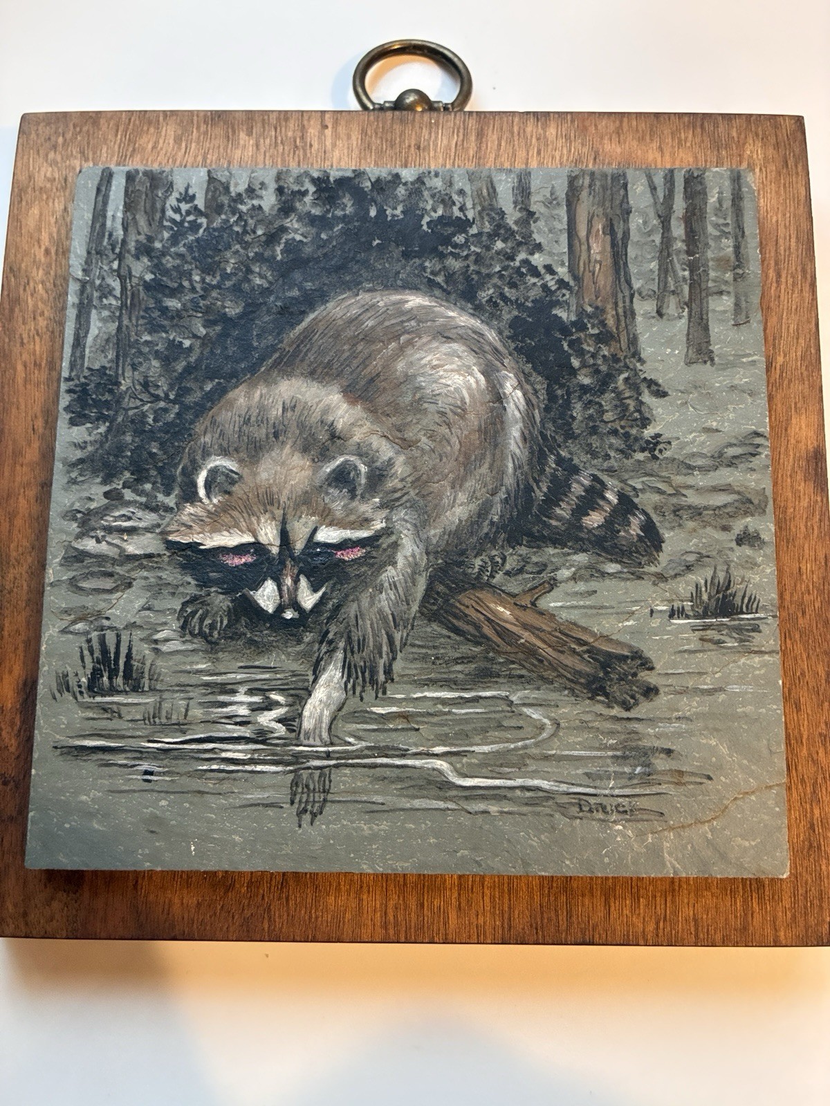 Esther Druck Raccoon Creek Painting Art Slate Tile Signed Wildlife Hand Painted