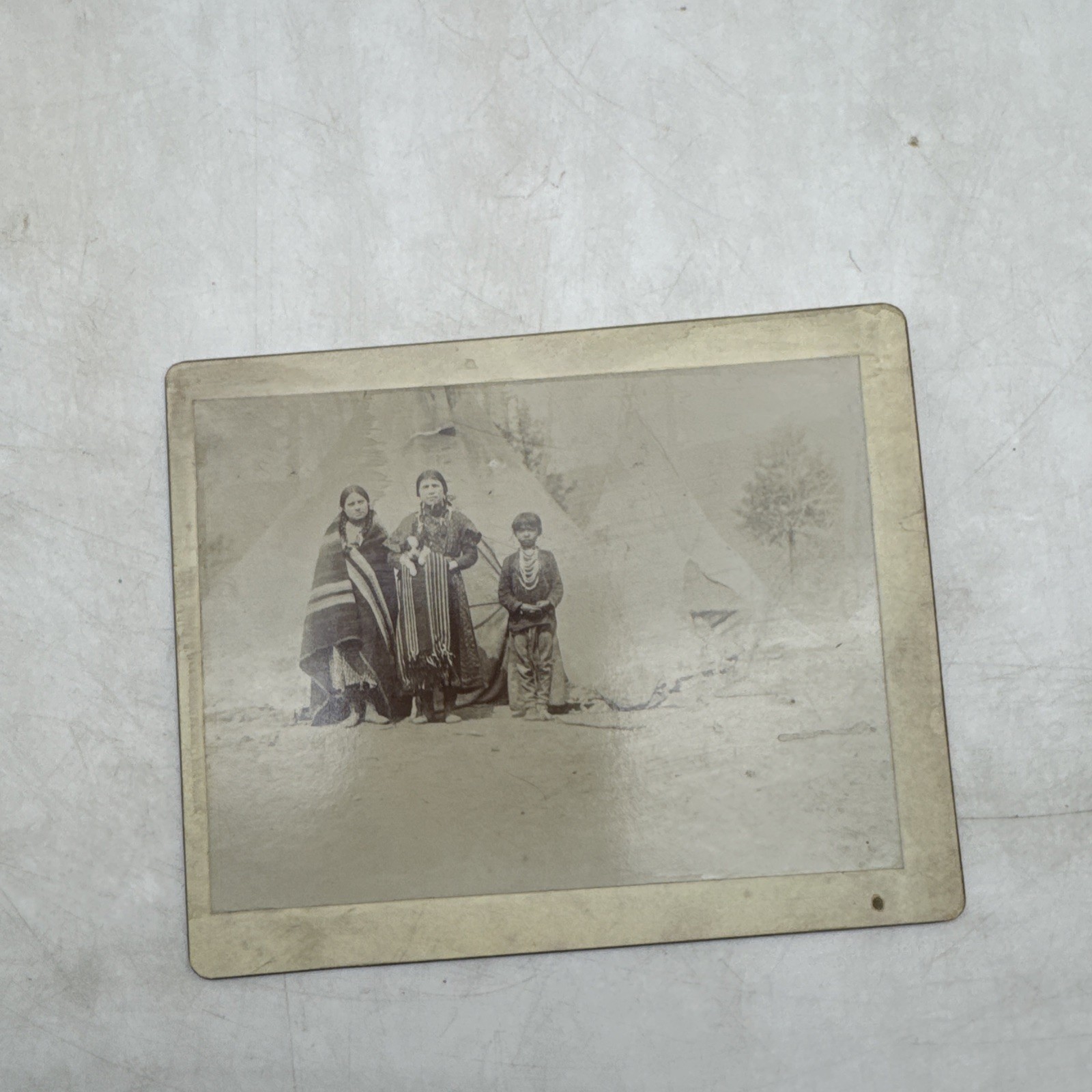 Photograph 1800s Native American Cabinet Card TeePees Blankets Child Women