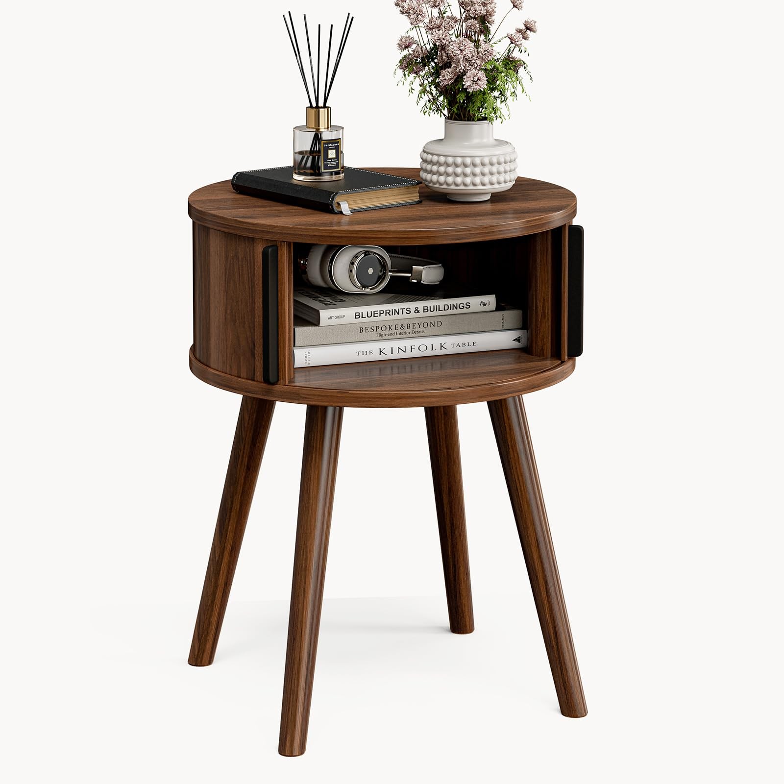 Side Table with Sliding Door & Cabinet, End Table for Living Room, Night Stan...