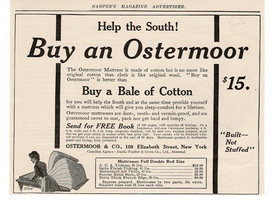 1915 Ostermoor Mattress Co. help the south buy a bale of cotton antique print ad