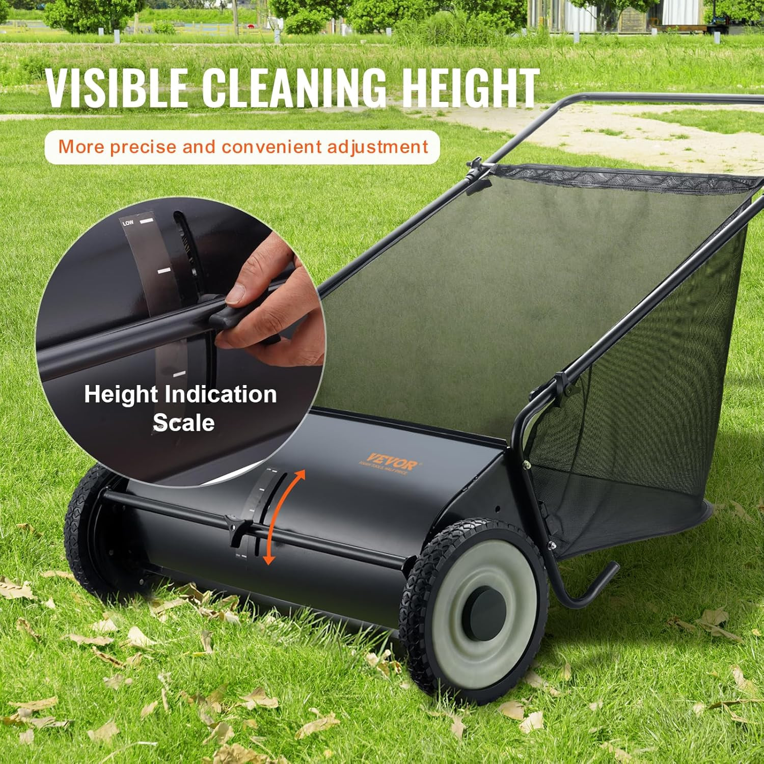 VEVOR 26" Push Lawn Sweeper | 7 ft³ Large Bag & 4 Spinning Brushes