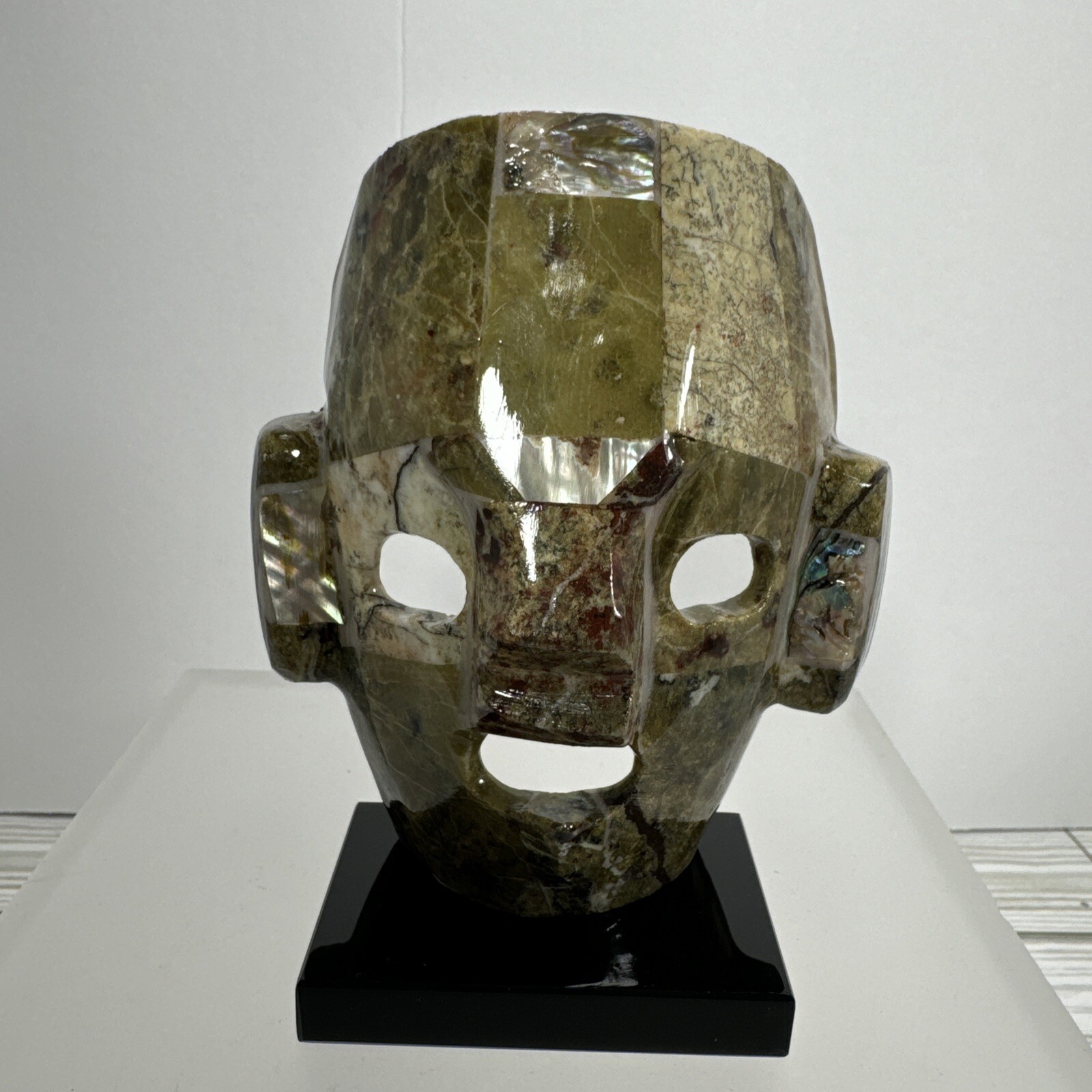 Mexican Mayan Tribal Burial Face Mask Green Stones Mixed Abalone Shell Onyx Base