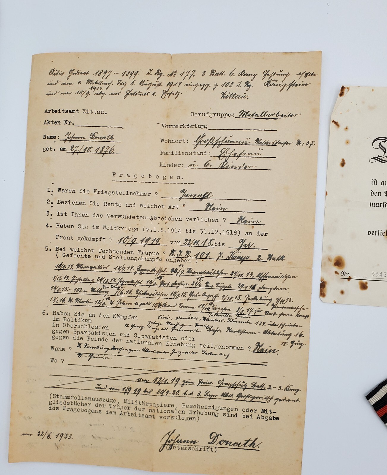 WWI WW1 Original German Somme veteran service record set award documents ribbon