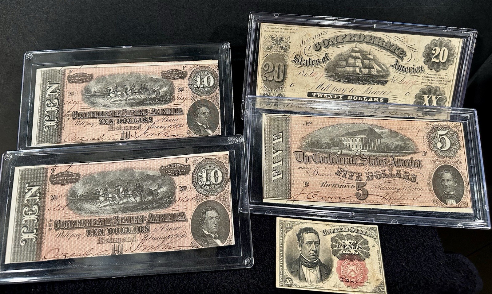 FIVE (5) Piece Confederate Currency Lot- $10 $5 $20 Notes & 10C  Fractional Note