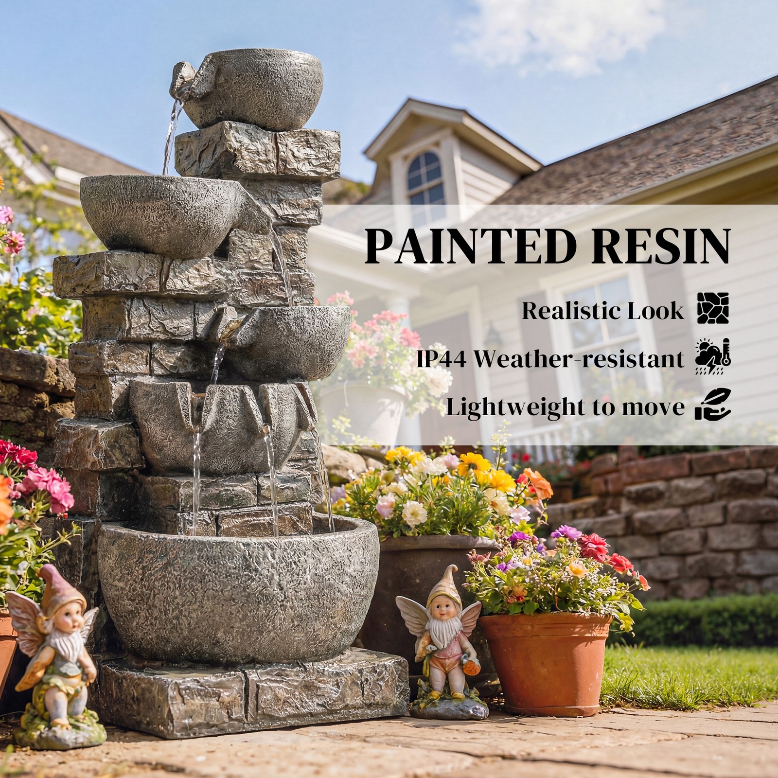 Outsunny 5 Tiers Outdoor Water Fountain with LED Lights, Gray