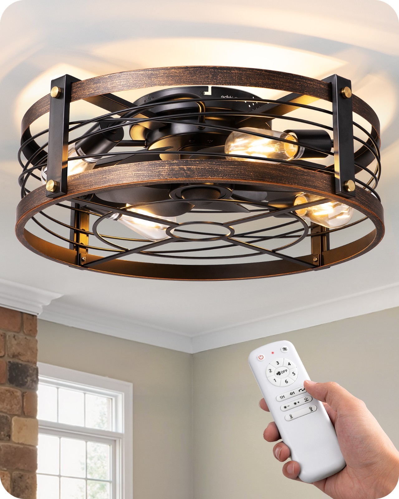 EDISHINE Pre-Assembled Ceiling Fan with Light & Remote 21" Flush Mount Farmhouse