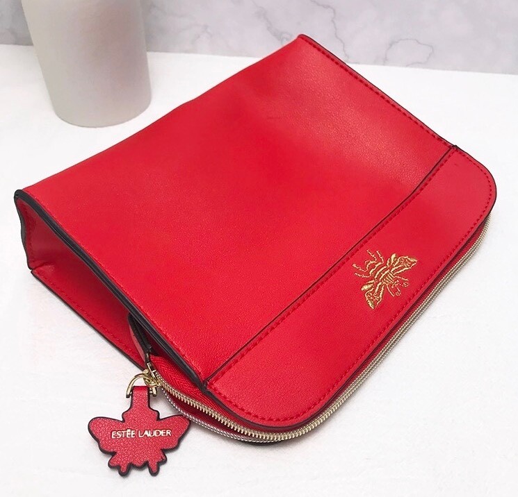 New! Estee Lauder Faux Leather Makeup Bag with Zipper ~ Red