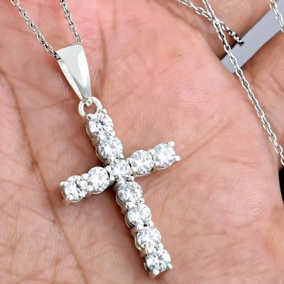 5.00 Ct Certified Round Cut White Diamond Cross Pendant In 14k White Gold